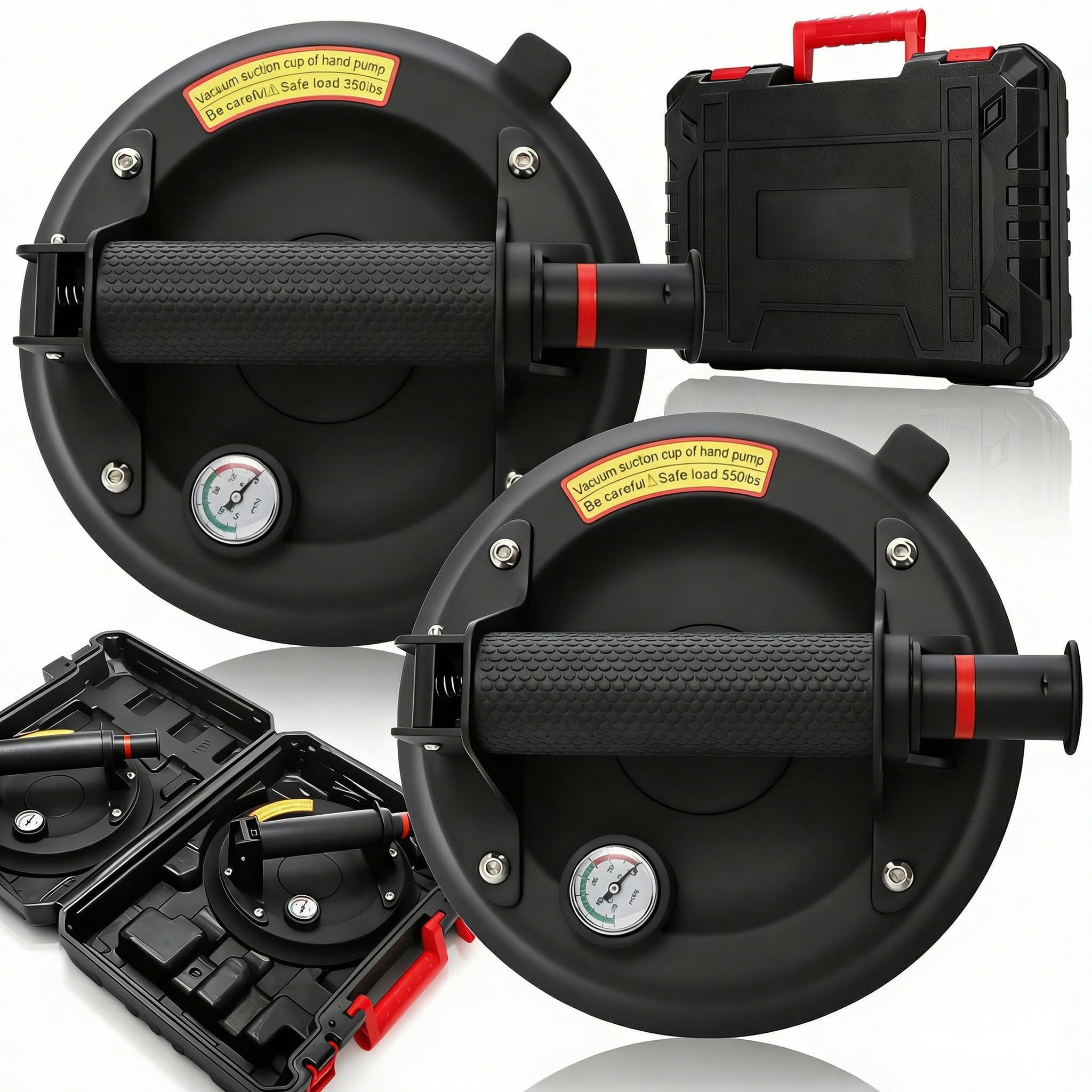 Goaste 2 Pack 8" Glass Suction Cups to Lift Large Glass, 440 lbs Load Capacity Vacuum Glass Lifter with Pressure Gauge, Heavy Duty Industrial Tile