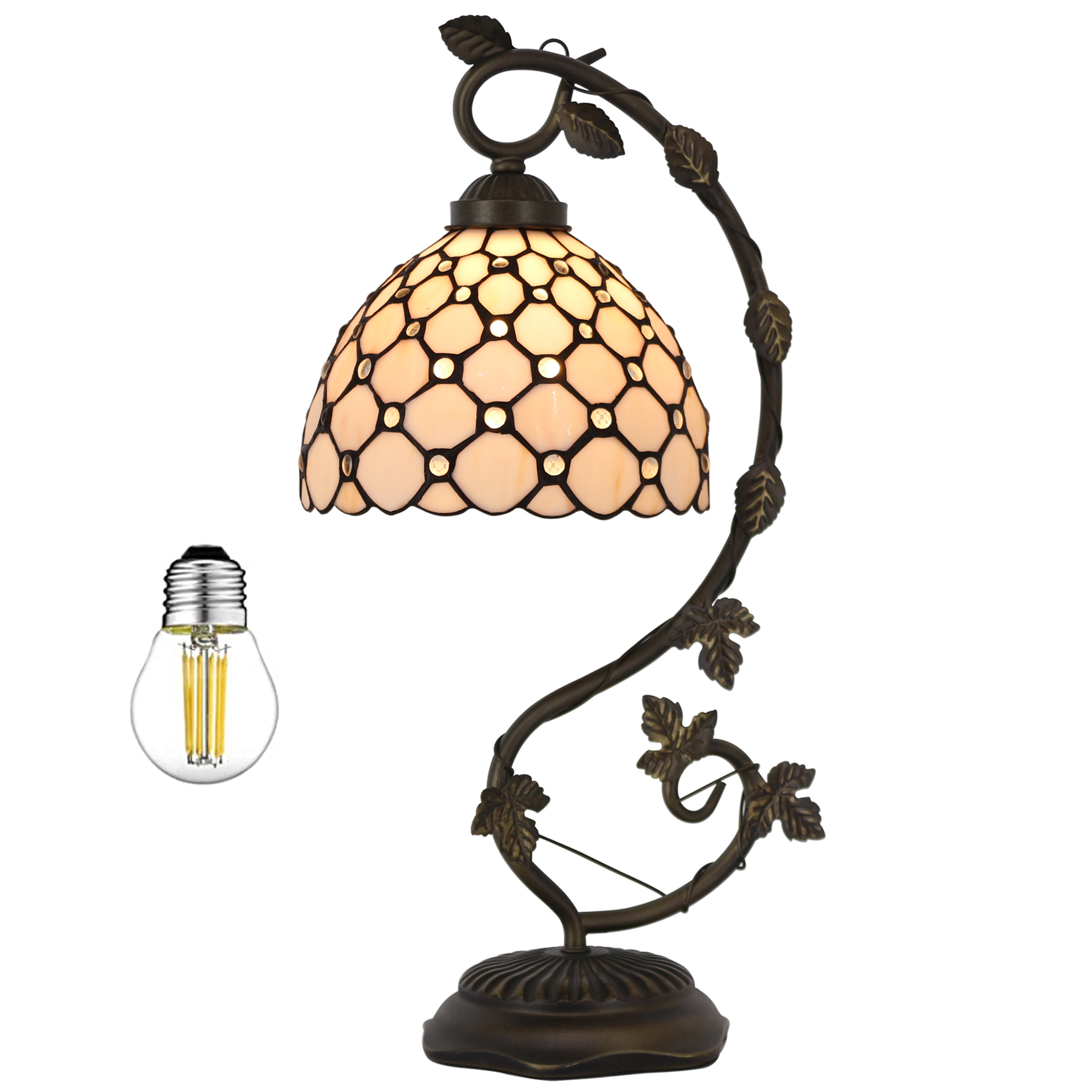 Image of WERFACTORY Tiffany Table Lamp Cream Stained Glass Pearl Style Desk Light