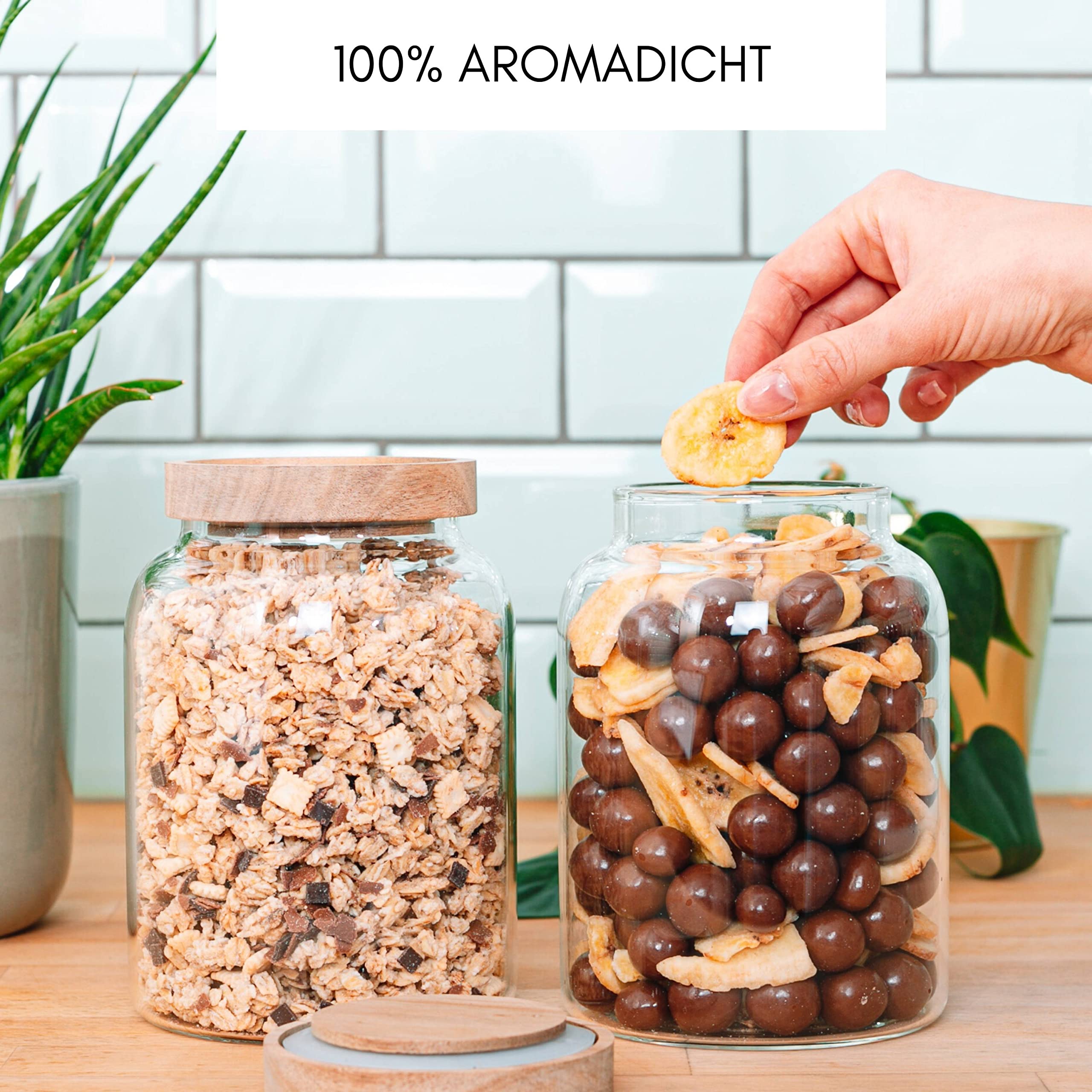 Econovo® Tarros de almacenamiento con tapa (2 piezas) 1200 ml, tarros de cristal con tapa de madera, herméticos, recipientes de almacenamiento para alimentos, grandes y pequeños