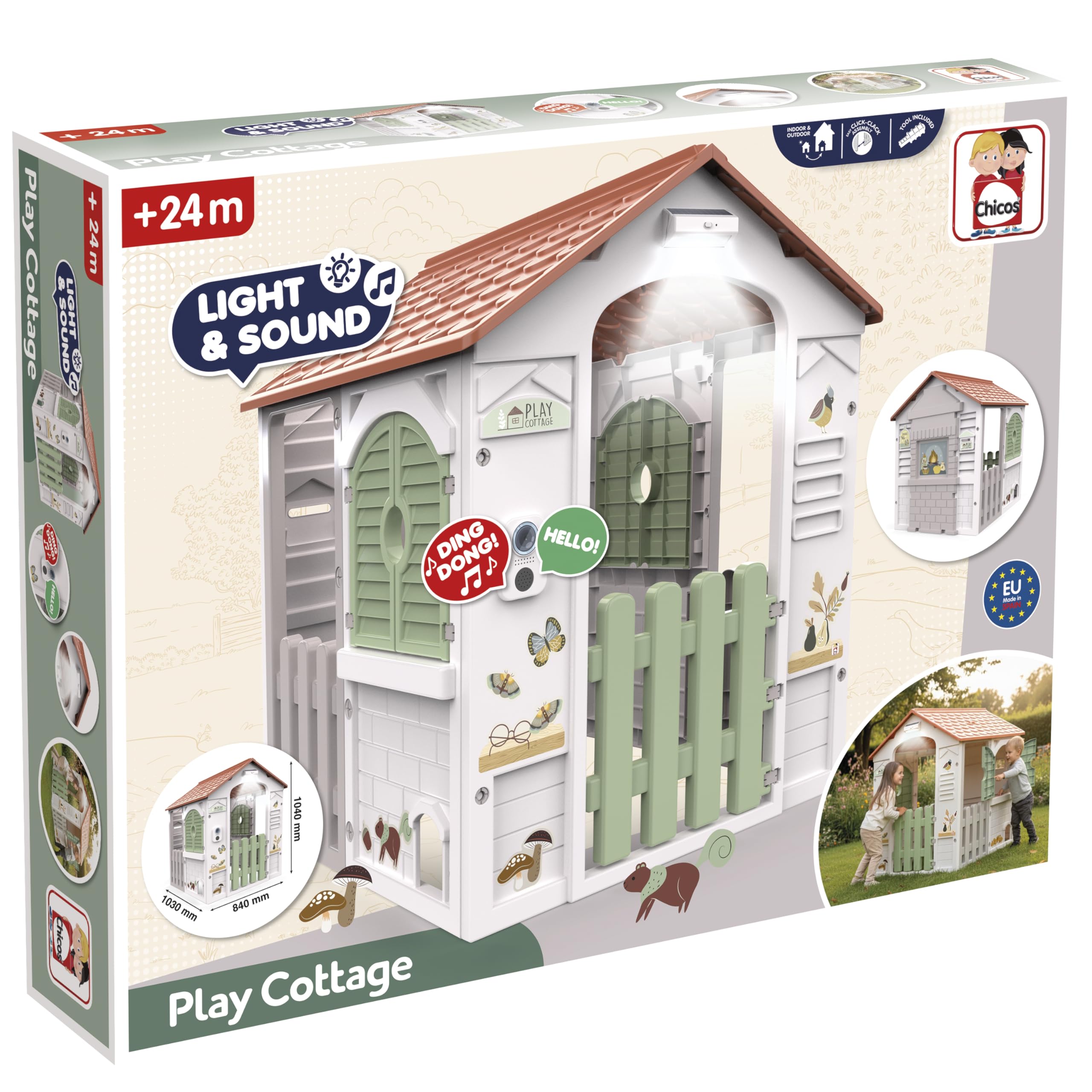 Chicos - Play Cottage | Robustes In- und Outdoor Kinder-Spielhaus mit Licht, Sound, aufklappbaren Fenstern & Katzenklappe | Ab 2 Jahren (89608)