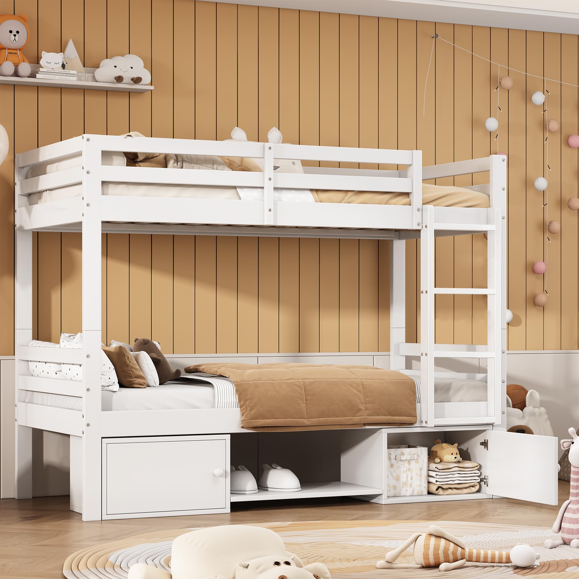 90x200cm, cuna con zapateros y taquillas, cama dividida en 2 camas individuales, cama juvenil, cama individual, blanco