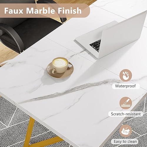 Miniatura 6 de Tribesigns Mesa de comedor rectangular moderna dorada y blanca: 55 pulgadas, 6 plazas, tapa de mármol sintético, impermeable y resistente a los