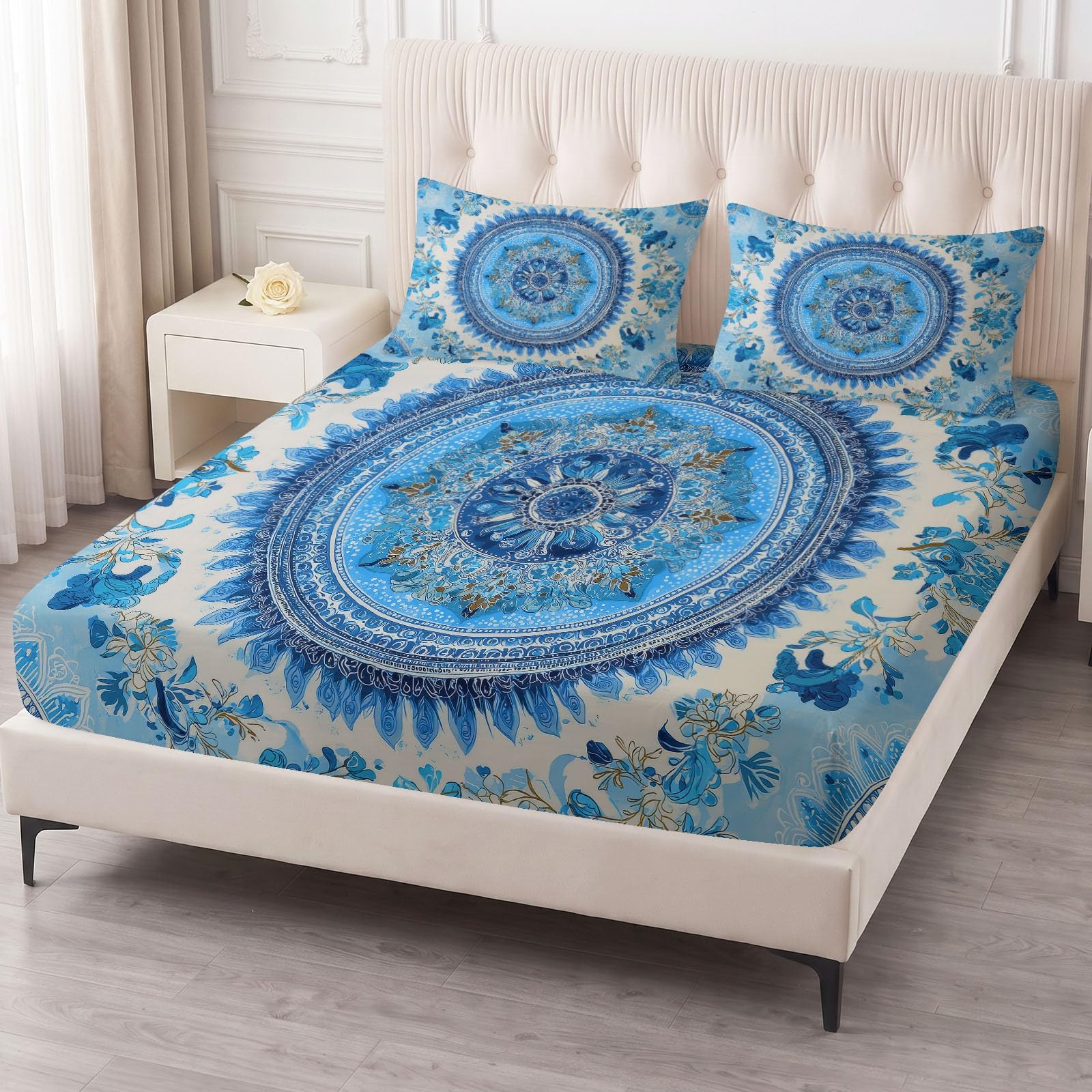 3-częściowy zestaw prześcieradła z gumką 180 x 200 cm – tradycyjny okrągły wzór plemienny, prześcieradło z gumką z mikrofibry, miękkie, przytulne prześcieradło na łóżko podwójne z 2 poszewkami na