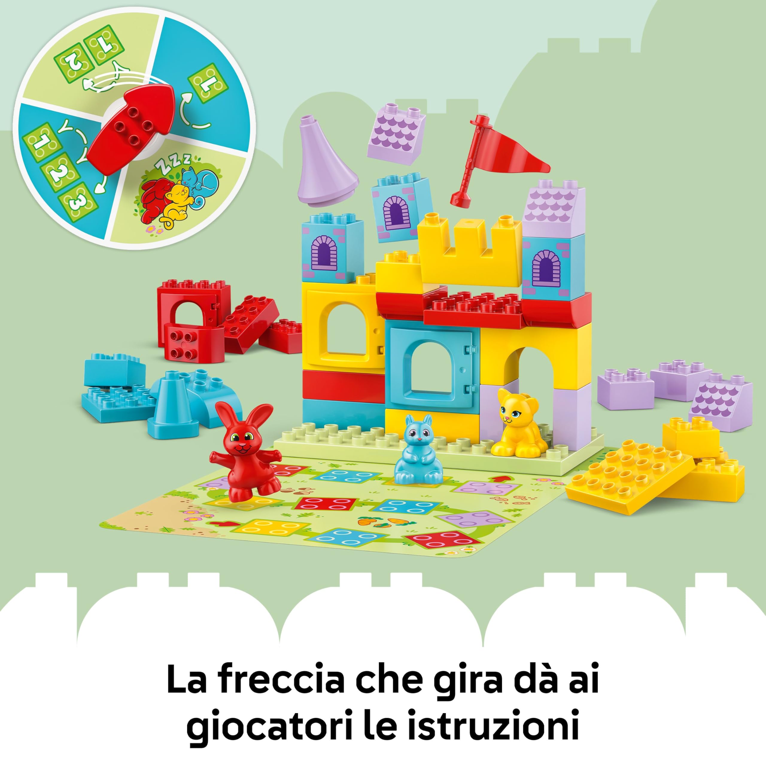 LEGO DUPLO Gioco al Castello con Salterello - Giochi Educativi per la Motricità Fine con 3 Animali Giocattolo, Castello e Gioco da Tavolo con Freccia Girevole - Regalo per Bambini da 3 Anni - 10450
