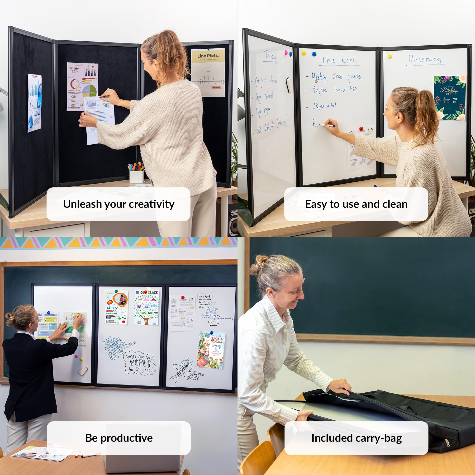 Tri-Fold-Panel-Display-Board | Magnetisches Whiteboard | Tri-Fold-Trockenlöschtafeln für Projekte | Mit Magneten, Radiergummi und Markern | Präsentationstafeln mit Tasche | Tri-Fold-Display-Board
