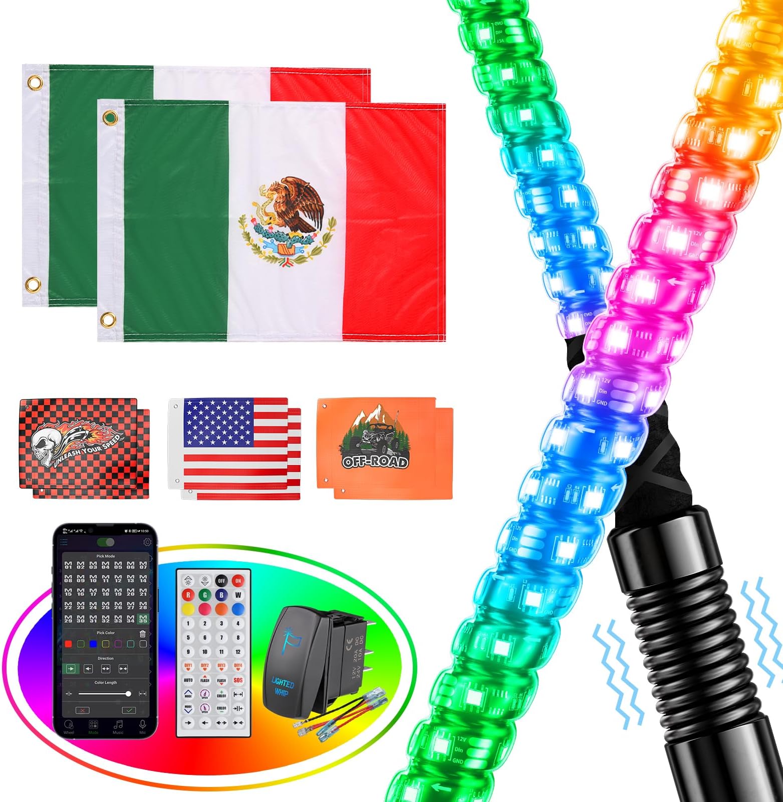 Ehaho2PCS 2FT Whip Lights for UTV ATV with Spring Base, Tripled Brighter Led Whip Light W/Rocker Switch & 6 Flags(Includes Mexican Flags), Spiral Chasing Lighted Antenna Whip with APP & Remote Contro
