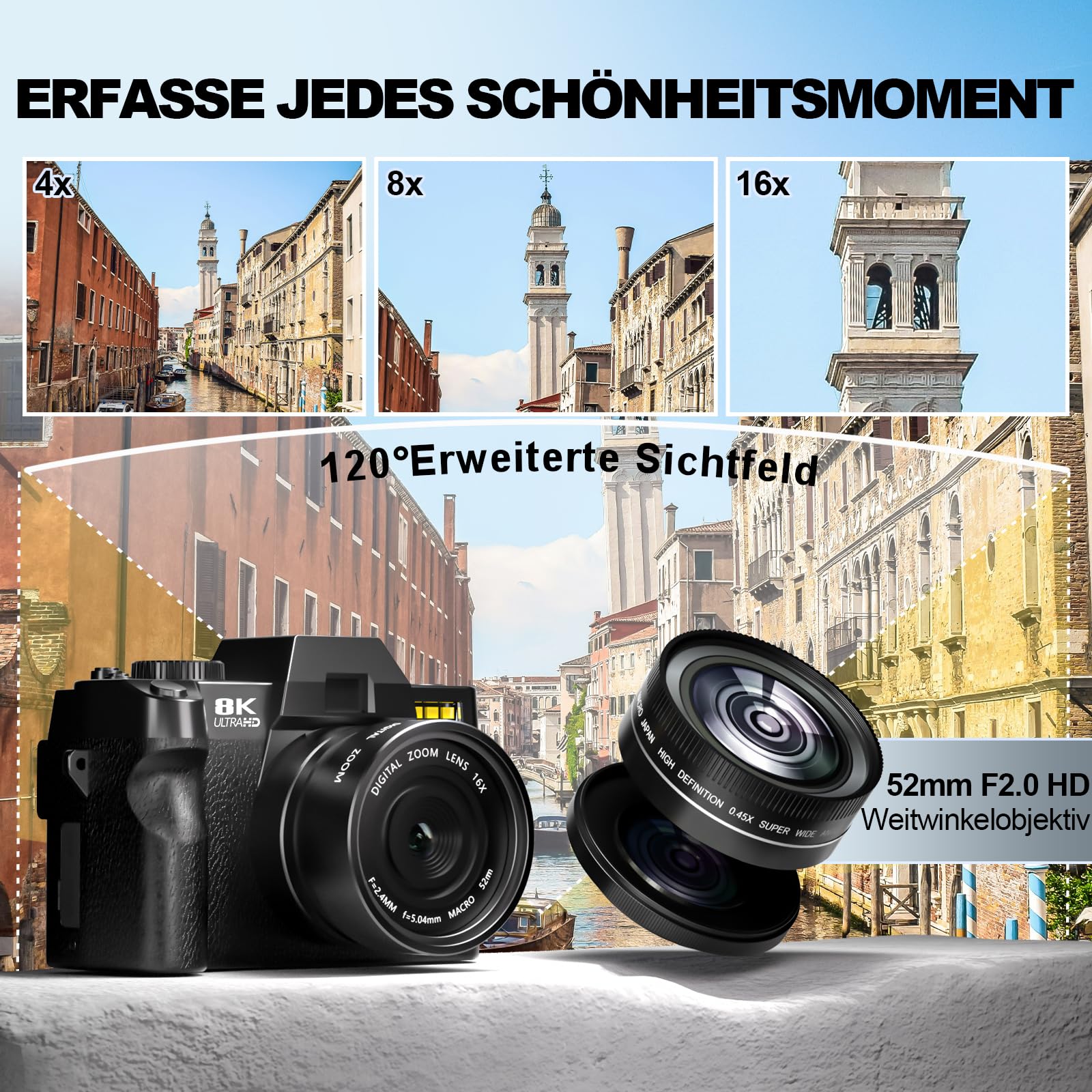 8K & 64 MP Digitalkamera für Foto & Video – 16-facher Zoom, WLAN, 180° Flip-Display, Autofokus, Bildstabilisierung, Weitwinkel & Makroobjektiv, Webcam-Funktion, inkl. PU-Ledertasche (Schwarz)