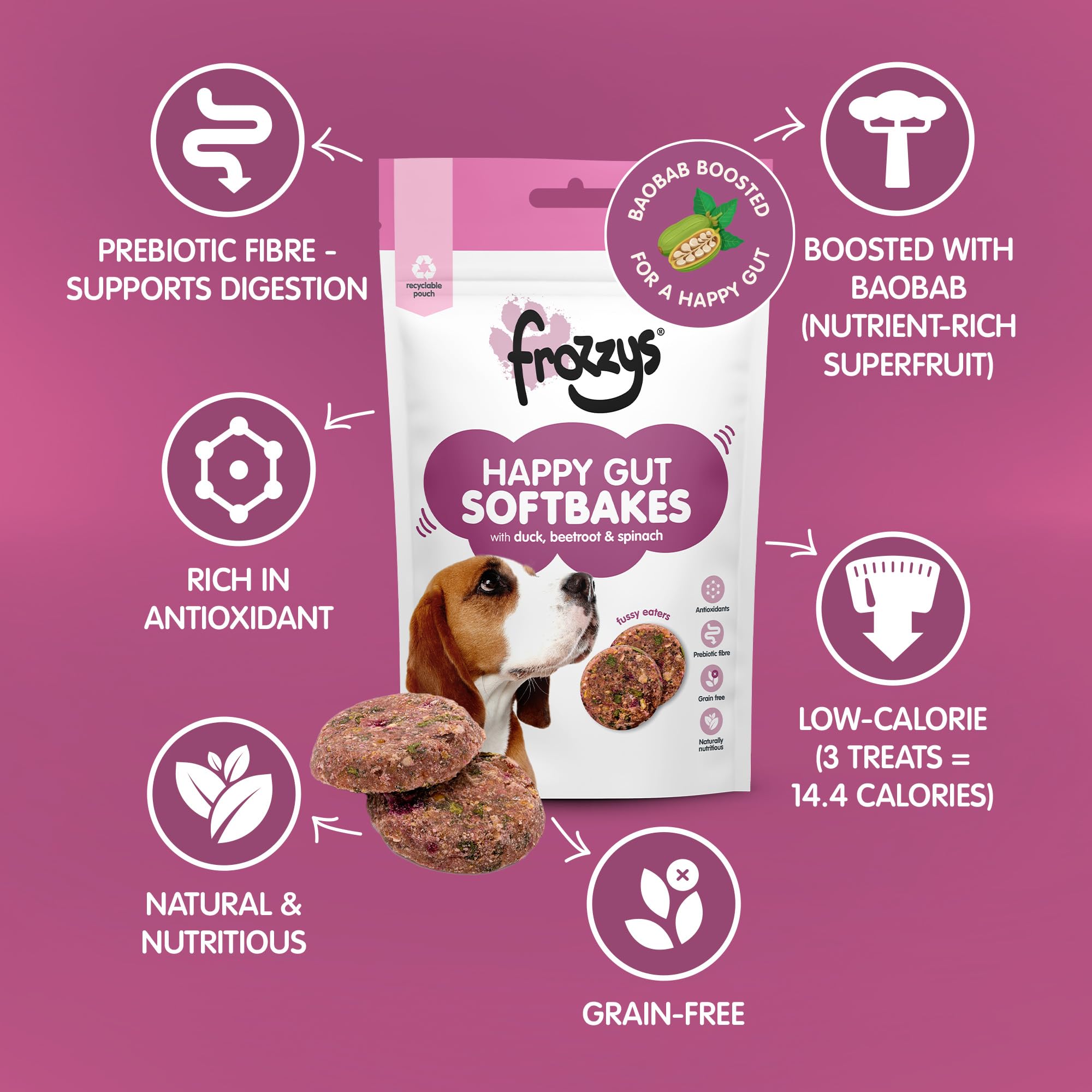 Frozzys Happy Gut Softbakes Grain Free Dog Treats with Prebiotic Fibre & Antioxidants for Gut Health - Image 2