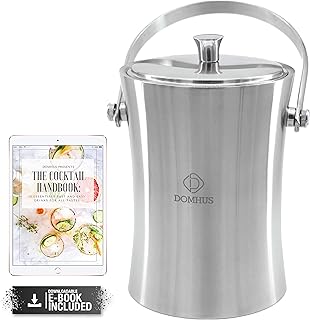 DOMHUS® Pojemnik na kostki lodu Premium z pokrywką i szczypcami | stal nierdzewna chłodziarka do szampana, z podwójnymi ściankami, izolowany pojemnik na lód ze stali nierdzewnej z uchwytem do noszenia | kolor srebrny matowy