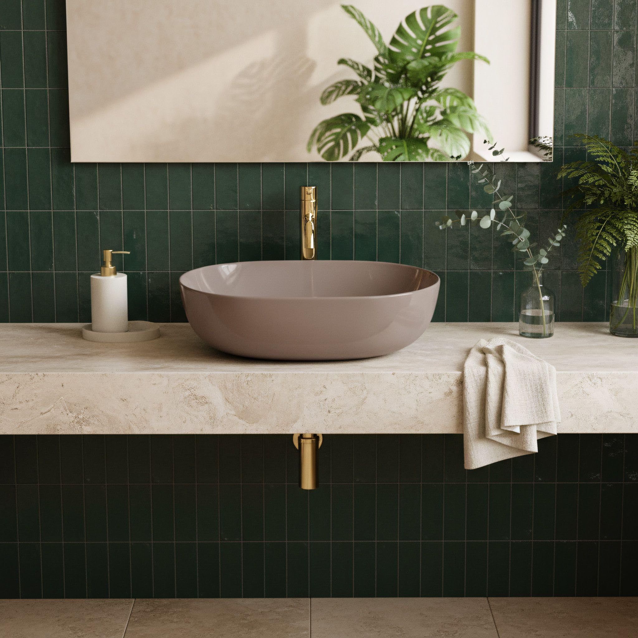 Rea - Lavabo Da Appoggio Lisa Shiny In Ceramica,Beige, Ovale 49X35X14cm