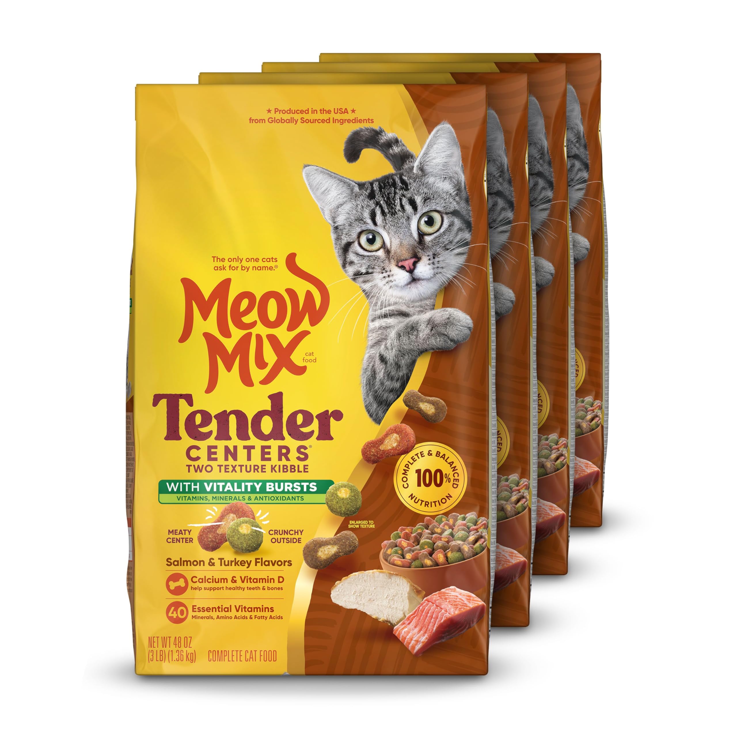 Meow Mix Tender Centers, Dry Cat Food, Salmon &amp; Turkey Flavors, 4 Bags