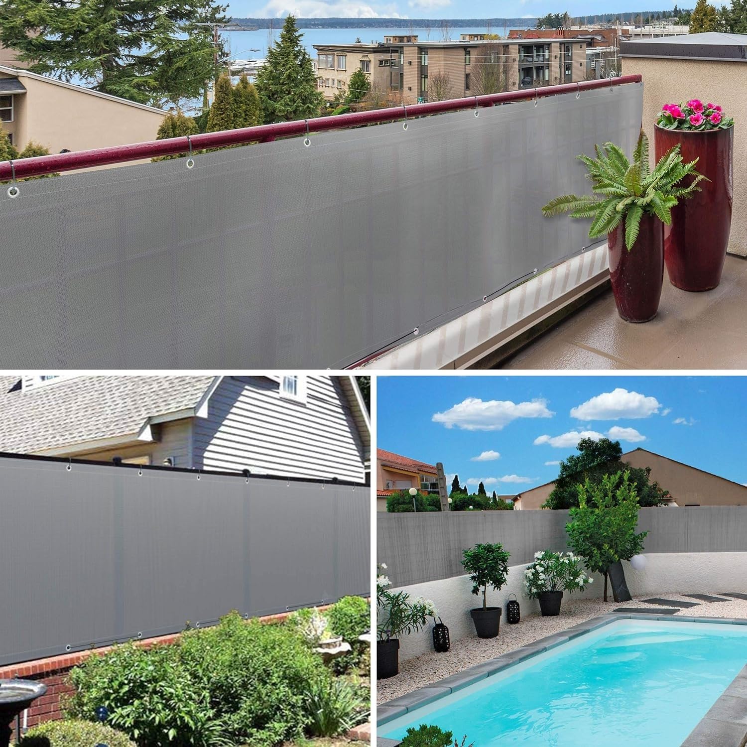 Odporna na warunki atmosferyczne osłona balustrady balkonowej i tarasowej – tkanina siatkowa anty-UV, wysokość 65/75/85 cm, szara, 65 x 170 cm, idealna do ochrony ogrodu na zewnątrz i dziedzińca