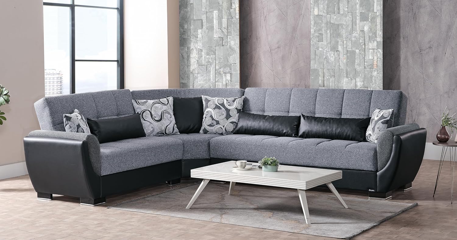 Ottomanson Convertible Sectional Sofa Bed with Hidden Storage & Click-Clack Sit-to-Sleep Sleeper Conversion – Rounded Arm, Firm Support L-Shaped Corner Couch Bed for Living Room & Guest Room, Gray