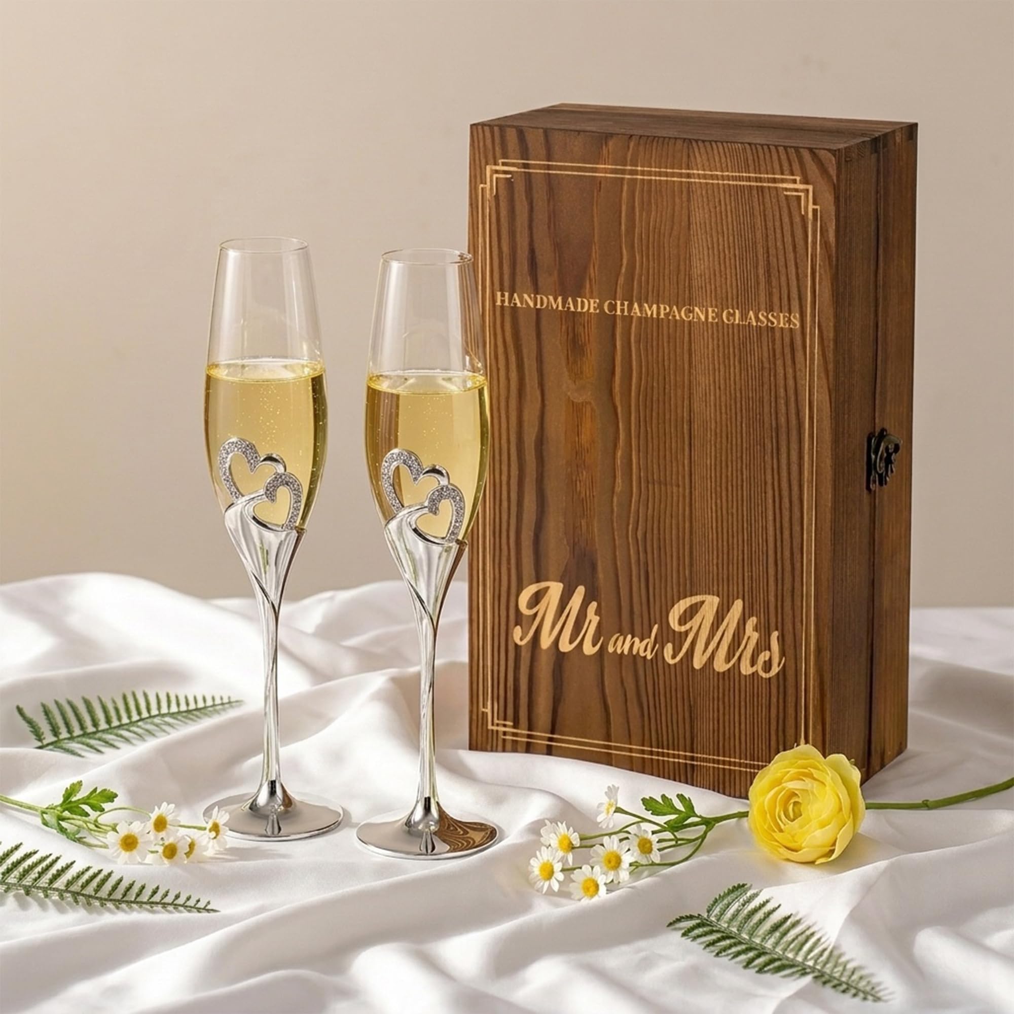Flute Champagne Verre Cadeau Mariage Lot de 2 Argent Coupe Champagne avec Coffret Cadeau en Bois Gravé Flûtes à Champagne Anniversaire Demoiselle Honneur Fiançailles Cadeaux pour Couple