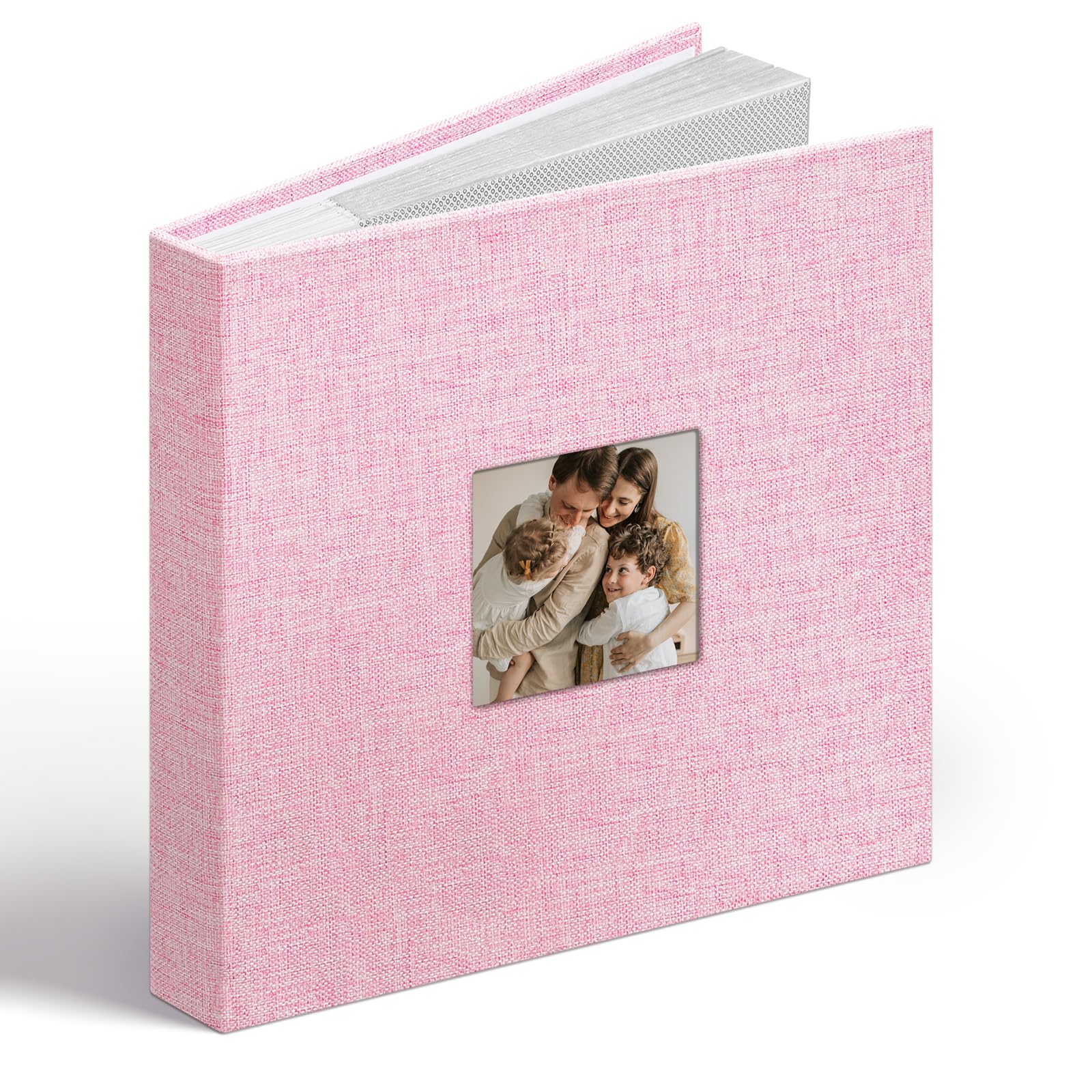 Vienrose Álbum de Fotos Lino 6x4 48 Fotos con Ventana en Portada, Bolsillos Ácido-Free, Álbum de Recuerdos con Espacios para Notas, Regalo para Bodas, Familia, Bebé, Aniversario (Rosa)