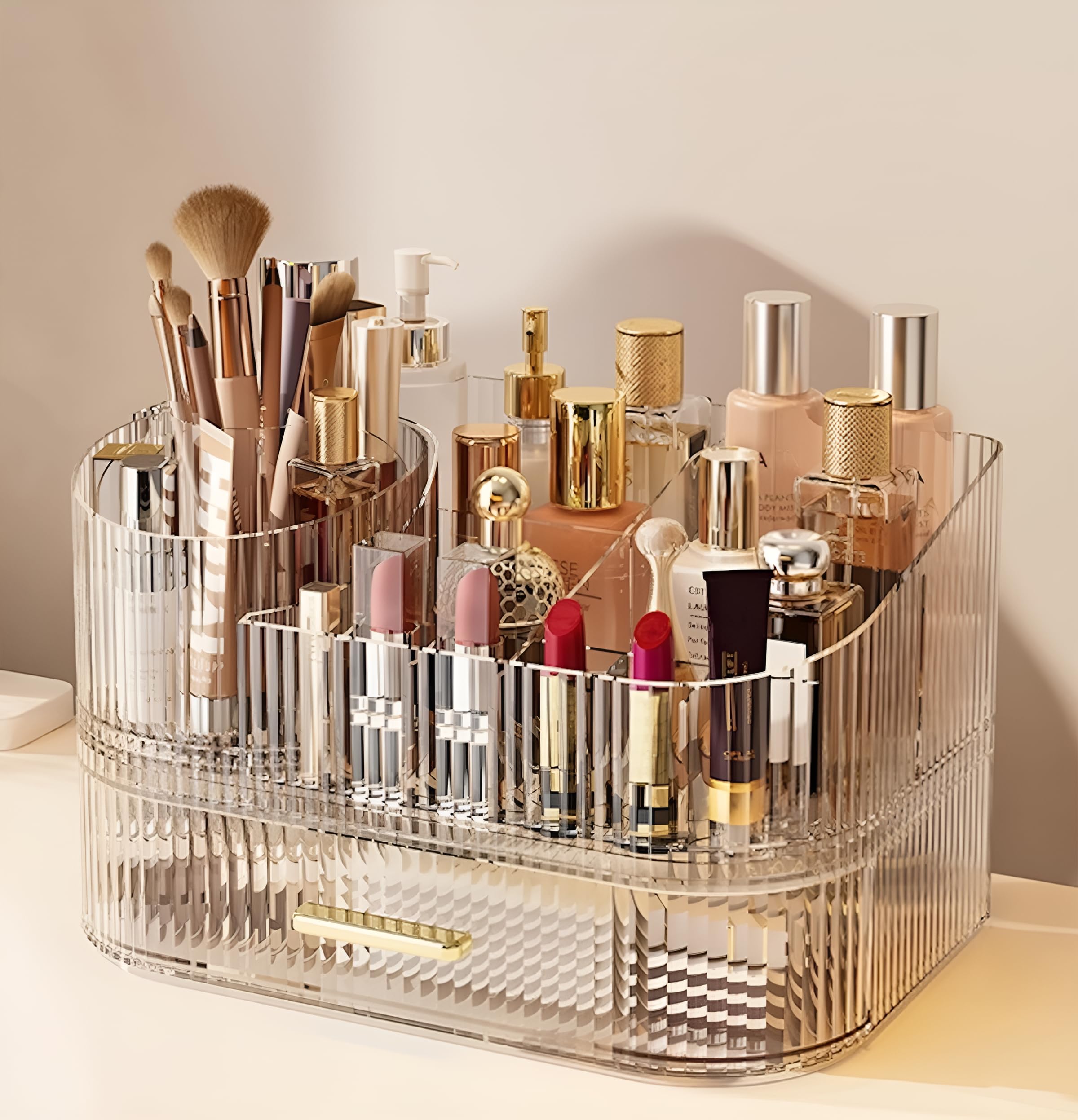 SpaceLuxe Makeup Organizer with Drawers and 360° Rotating Brush Holder, Large Capacity Cosmetic Storage for Vanity, Skincare, Perfume, Hair