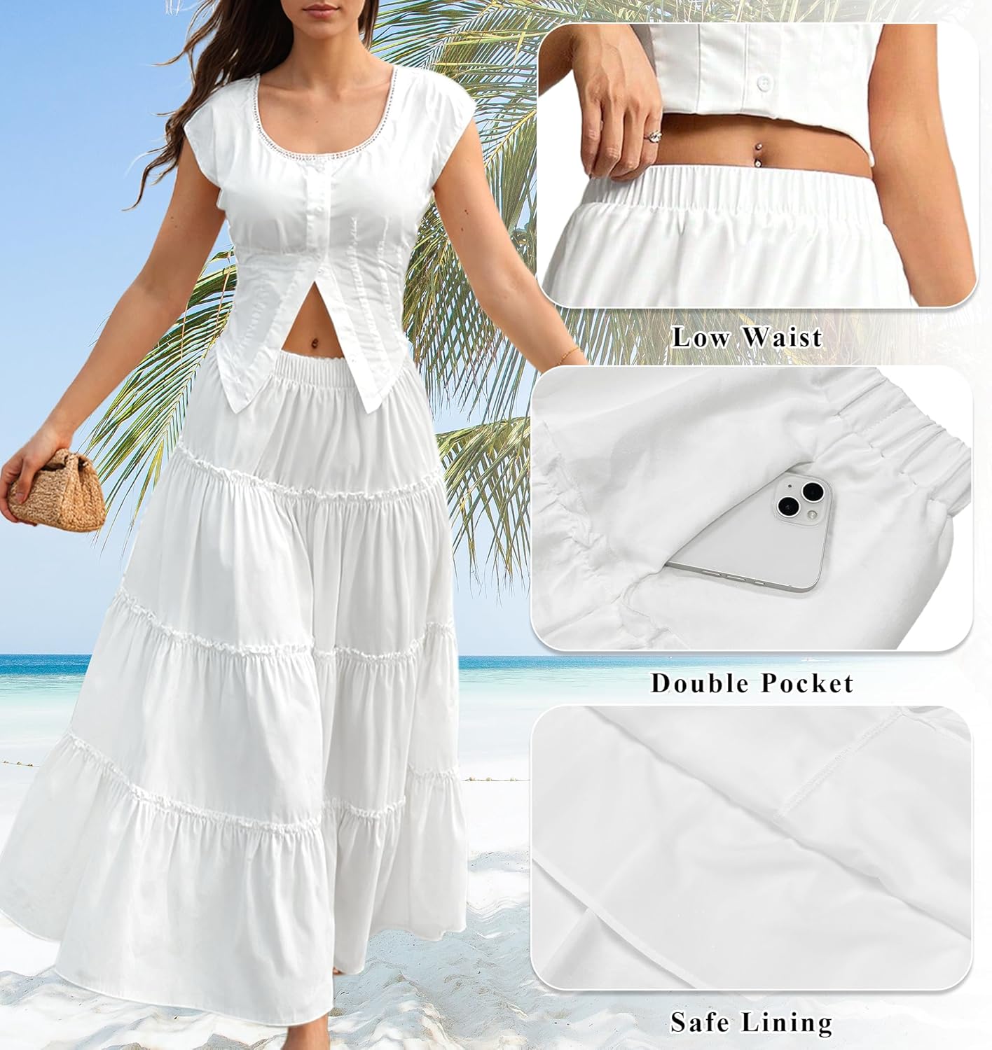 Boho Maxi Skirt Long Skirts for Women Summer Flowy Tiered High Waist Dress Swing A-Line Elastic with Pockets Fashion - Image 4