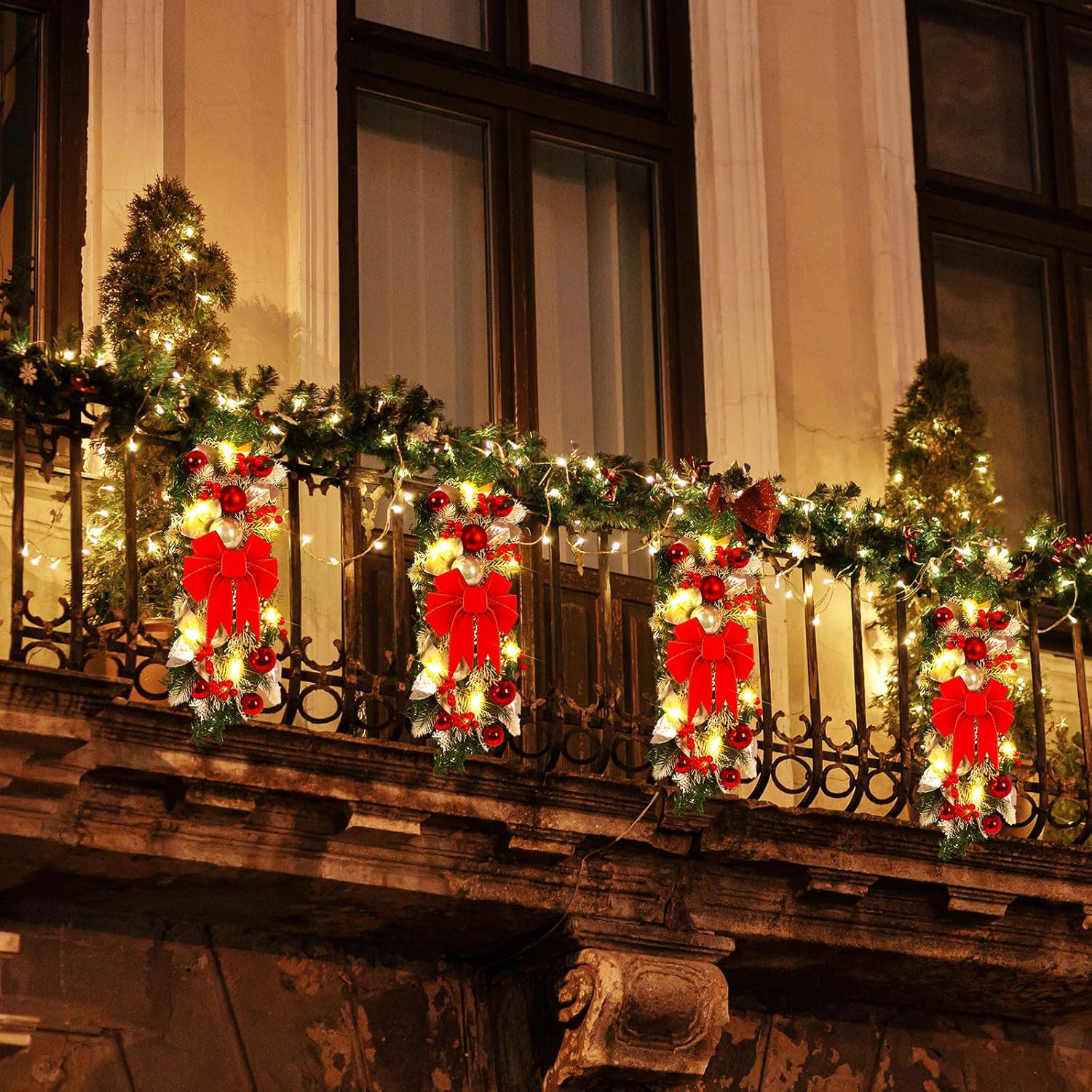 Giegxin 4 Pcs 19.7 Inches Light up Christmas Stair Swags LED Prelit Teardrop Swag Norfolk Pine Garland Artificial Stairs Garland Pine Cone Props for Indoor Outdoor Hanging Decor