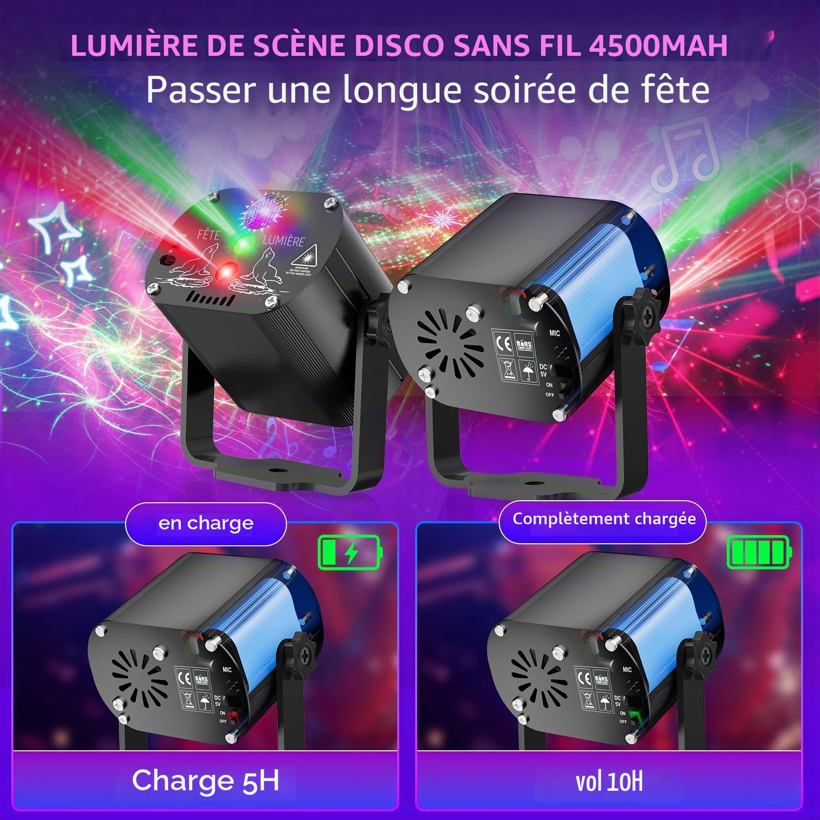 Boule disco sans fil - 4500 mAh - Batterie de 4500 mAh - Lumière disco - 60 motifs différents - Effet stroboscopique - Avec télécommande et USB de 2 m - Pour la famille (Noir pur, Noir)