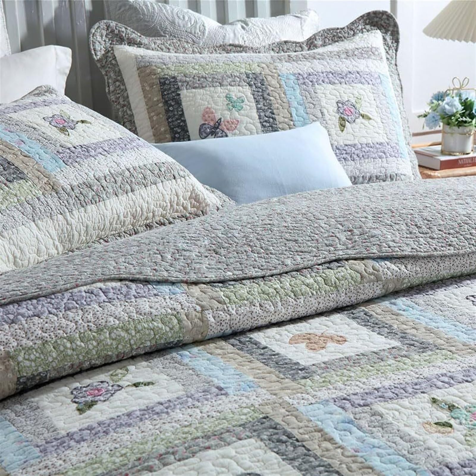 CUNTO Juego de Cama de 3 Piezas con diseño Floral de Patchwork en Color Beige y marrón Cuadrado de GaRcan (tamaño: 240 x 270 cm) (un Color: 270 x 300 cm)