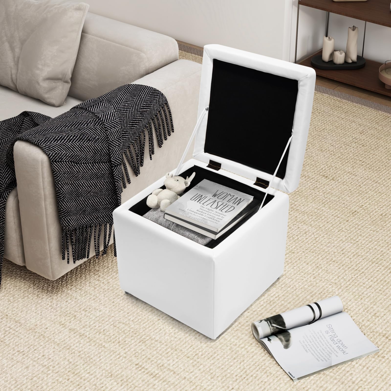 COSTWAY Pouf Contenitore Quadrato, Cubo Poggiapiedi di 30 L, Carico Max. 150 kg, 40 x 40 x 40 cm (Bianco)