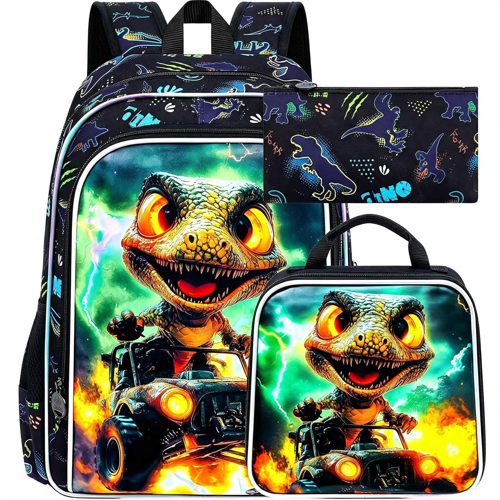 16" Dinosaur Backpack for Boy, 3Pcs Truck Bookbag with Lunch Box, Kids School Backpacks for Elementary Preschool Kindergarten (Black)