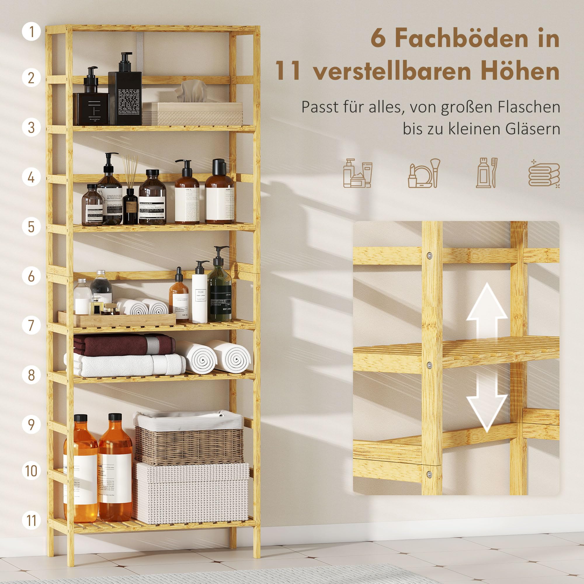 HOMCOM Estantería de Bambú de 6 Niveles Estrecha 60x26x161 cm Natural | Estantería Almacenaje, Estantes Ajustables, Librería para Espacios Pequeños, Baño, Sala de Estar, Cocina