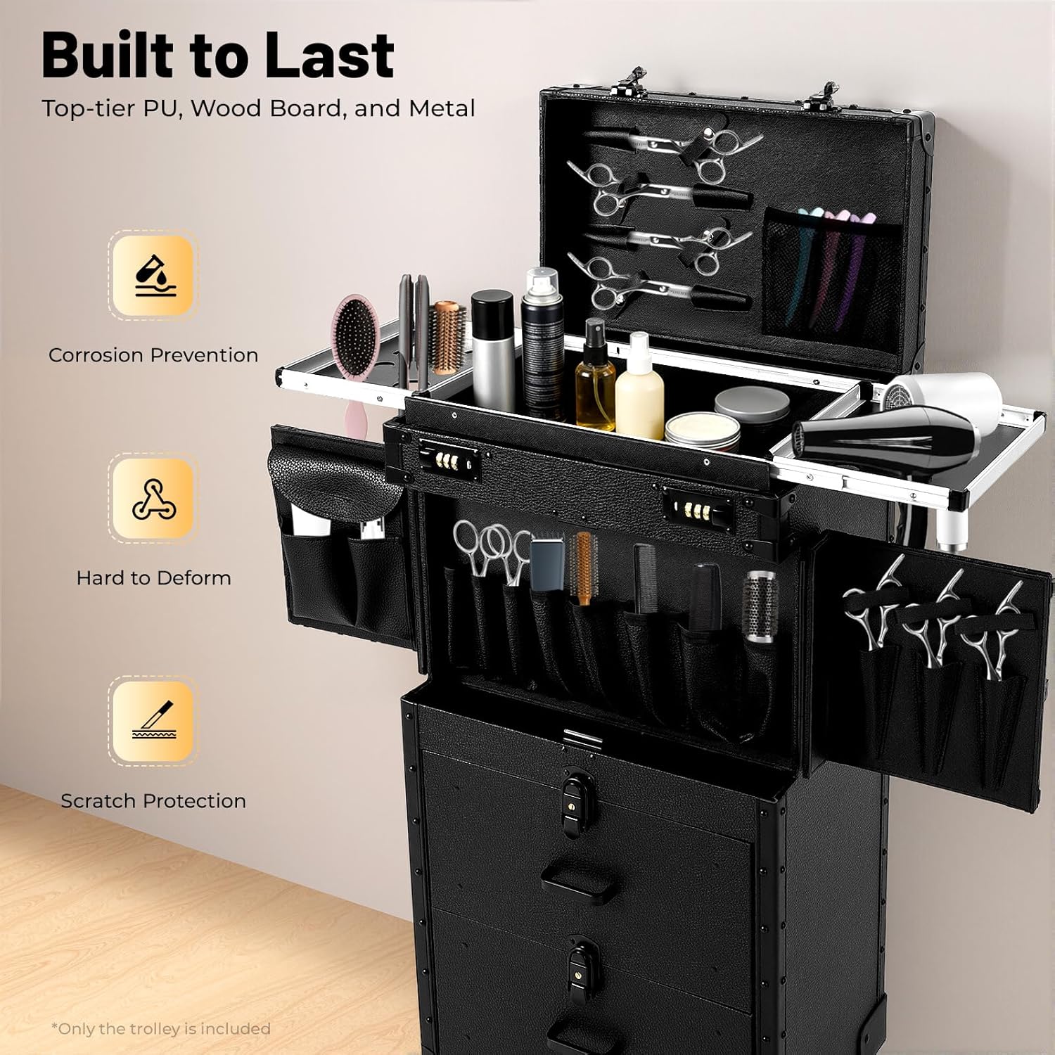 Rolling Makeup Train Case, Professional Makeup Train Case Aluminum Cosmetic Trolley Travelling Cart Trunk with 360° Swivel Wheels&Sliding Drawer for Nail Technician Stylist