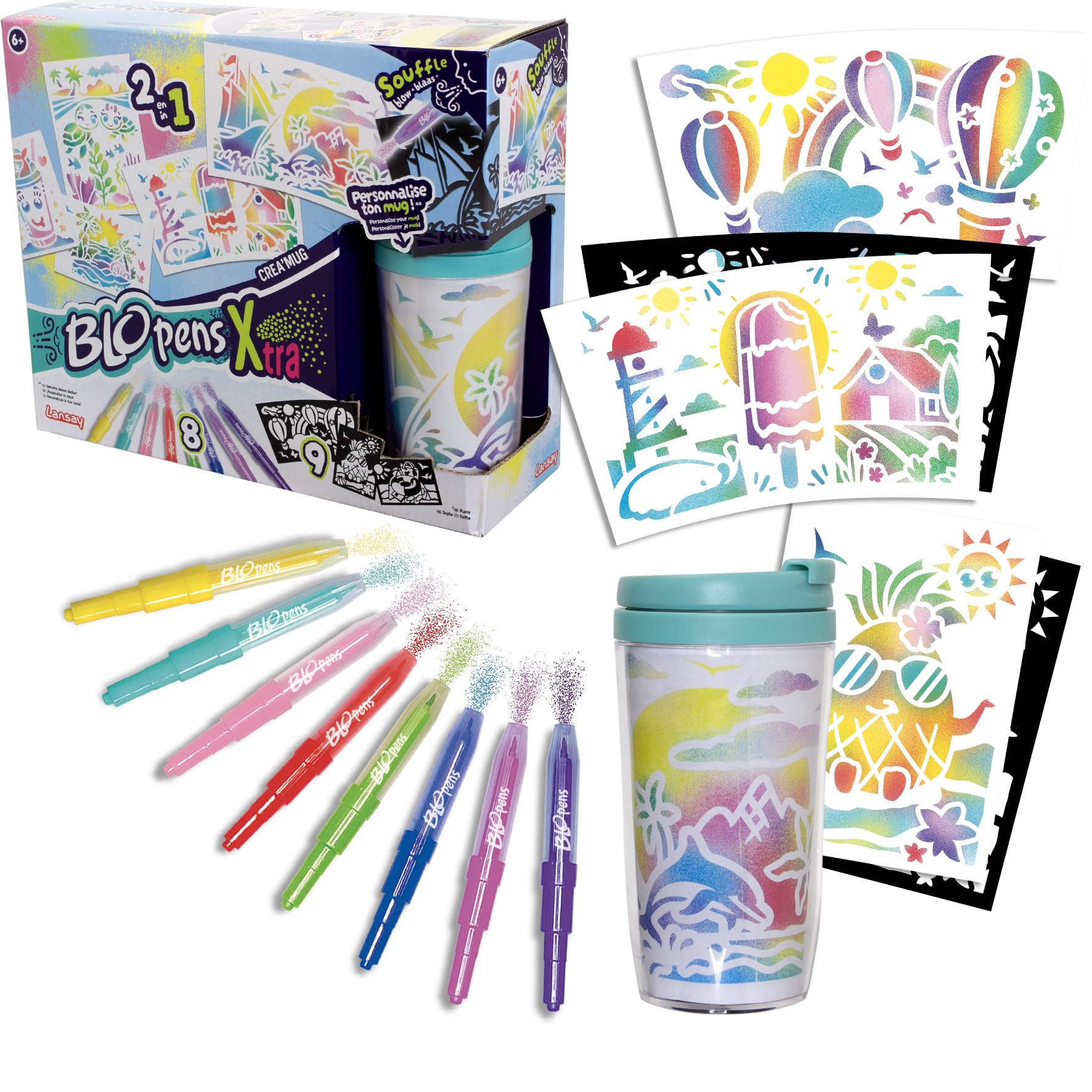 Lansay - BLOPENS X-TRA - Crea'Mug - Personalised Mug Kit with Cup - For Children from 6 Years - 8 Blopens Airbrush Effect Blowing Pens + 9 Reusable Stencils + 11 Drawing Sheets