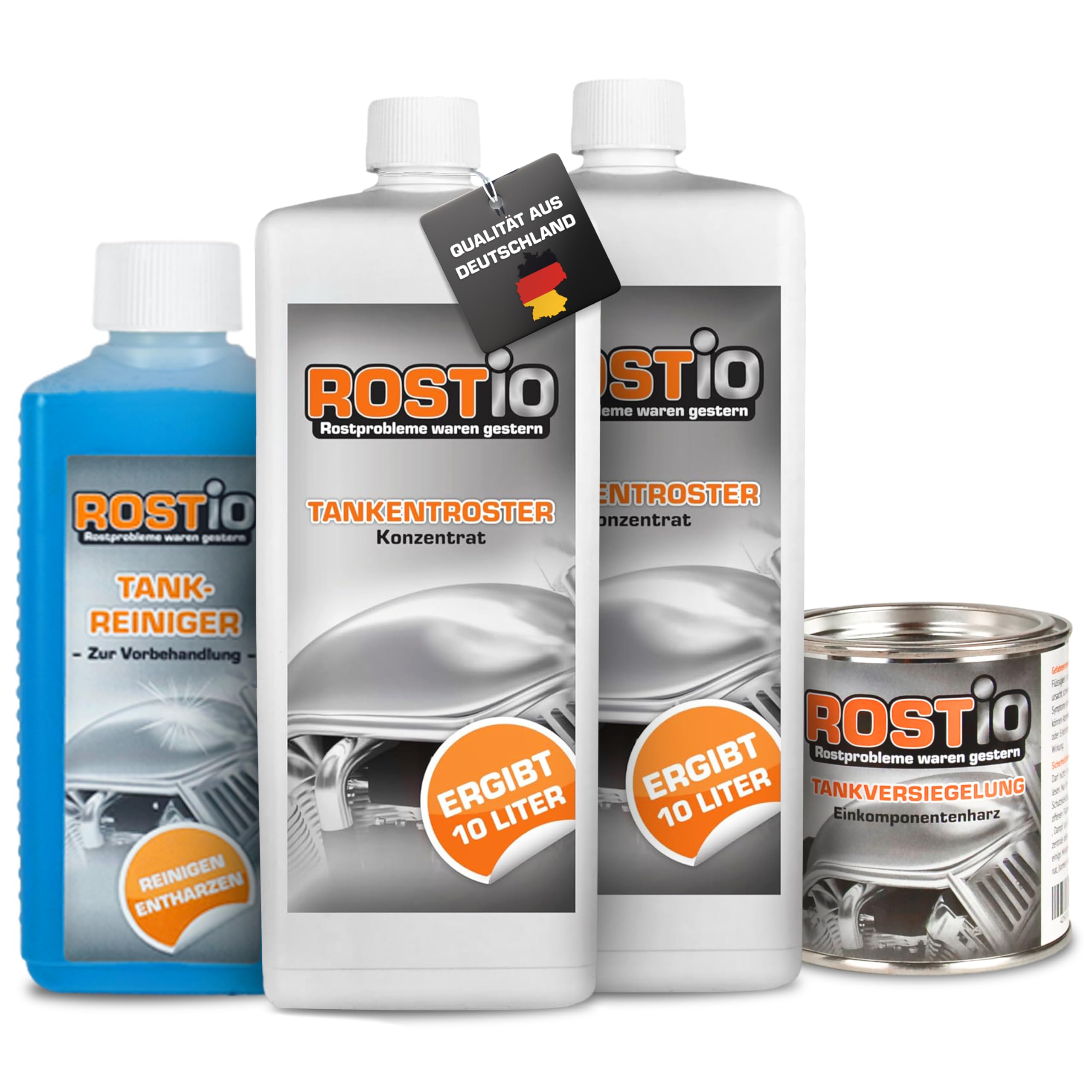 Rostio Tankentroster-Set 2L – inkl. 500ml Tankreiniger & 250ml Tankversiegelung – Mischverhältnis 1:10 (20 L Lösung) – Tanks bis 20L – Rostentferner & Korrosionsschutz – ethanolfeste Versiegelung