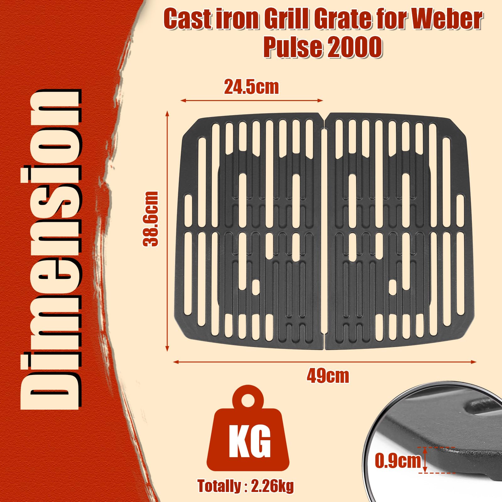 Denmay Żeliwny ruszt do grilla gazowego Weber Pulse 2000, emaliowany ruszt do grilla, zamiennik do Weber Pulse 2000, żeliwne akcesoria Griddle, 2 sztuki