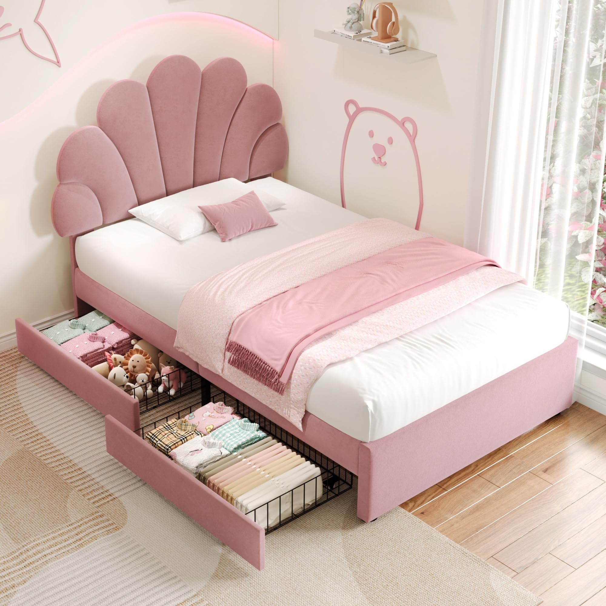 Merax 3ft Girls Single Bed with Storage, Pink Single Storage Bed Frame, Upholstered Bed with Adjustable Chic Petal Headboard, 2 Drawers, with Solid Wood Slat, Velvet Fabric, Pink/90CM*190CM โ image 1