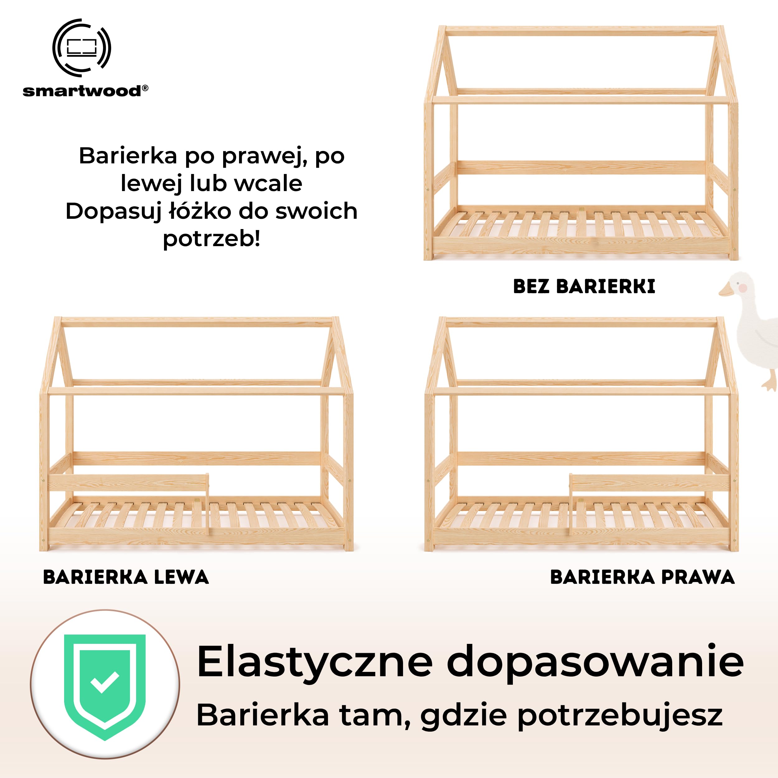 smartwood Łóżko domek 90x190 ze stelażem, Lite Drewno, Kaszmirowy, MILO | Łóżko dziecięce Montessori, wysokość wejście 12 cm, stelaż do 230 kg, drewno sosnowe, łatwy montaż, od 3 lat