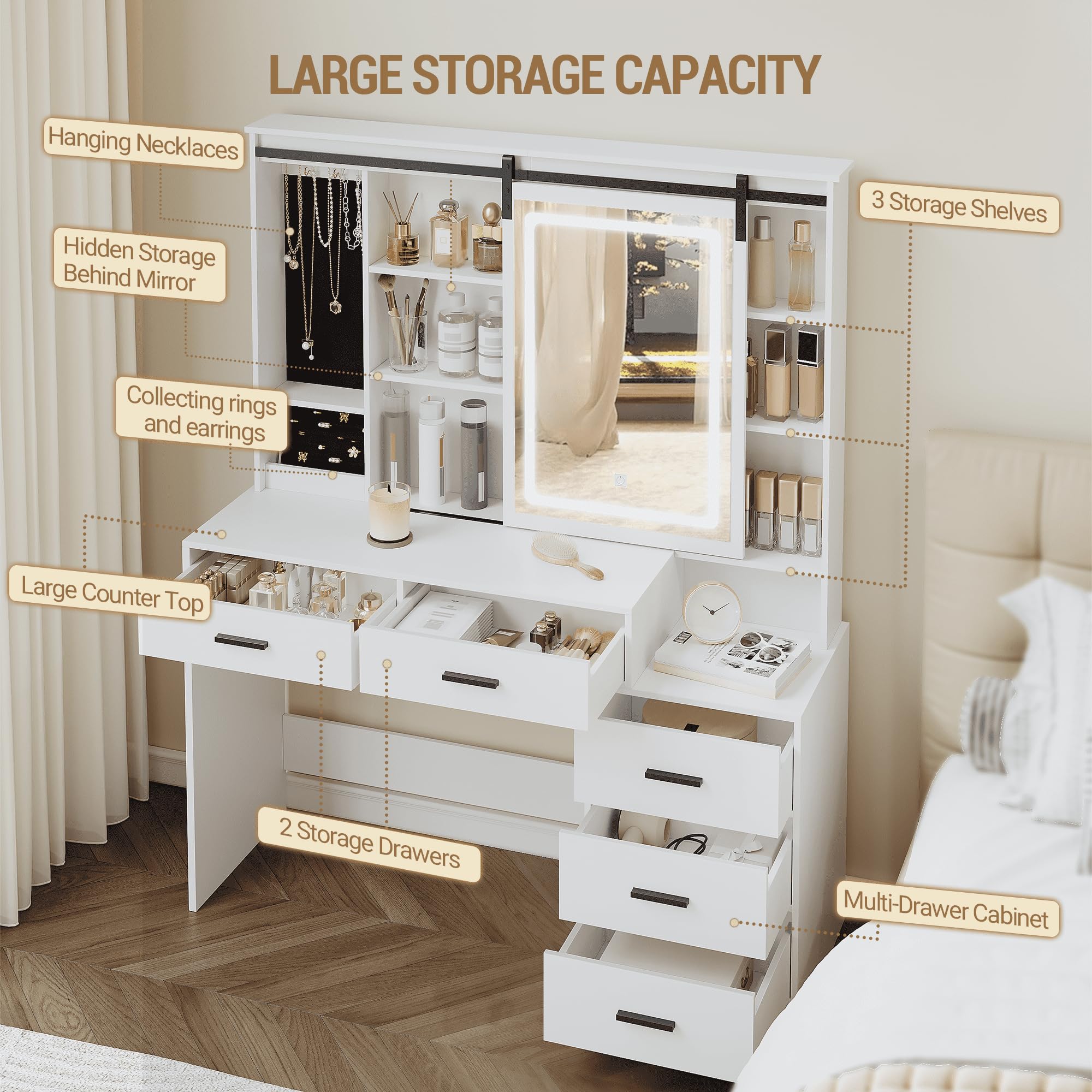 Hzuaneri Coiffeuse avec Lumières LED Réglables,Coiffeuse avec Rangement pour Bijoux, Étagères Ouvertes, 5 Tiroirs, avec Table d'appoint, pour Chambre à Coucher, Blanc DT33103X