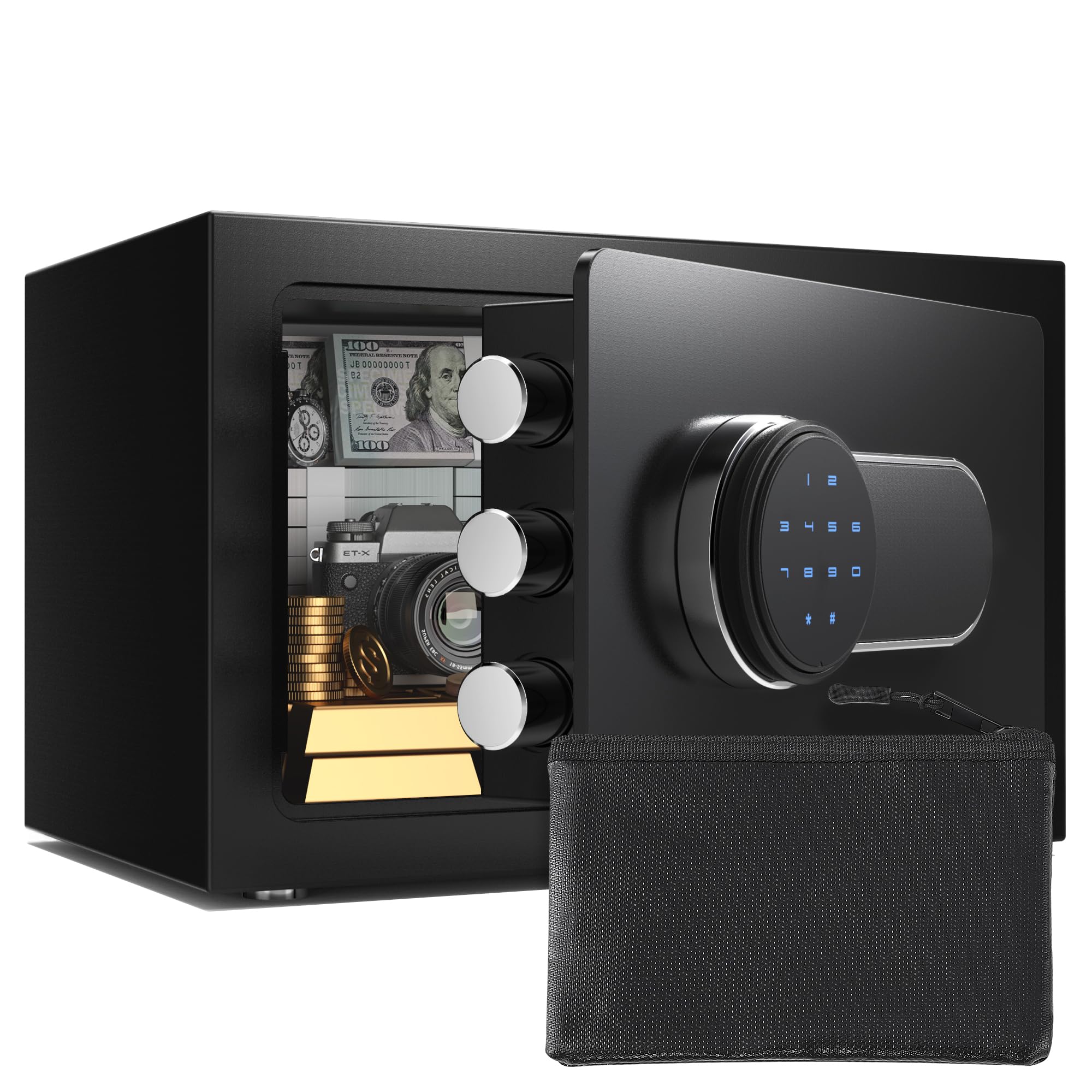 Safe Box with Fireproof Waterproof Bag, 0.5 Cub Small Money Safty Box with Digital Keypad, Security Safe with Keys, Home Safes for Money Medicine Valuables, Electronic Lock