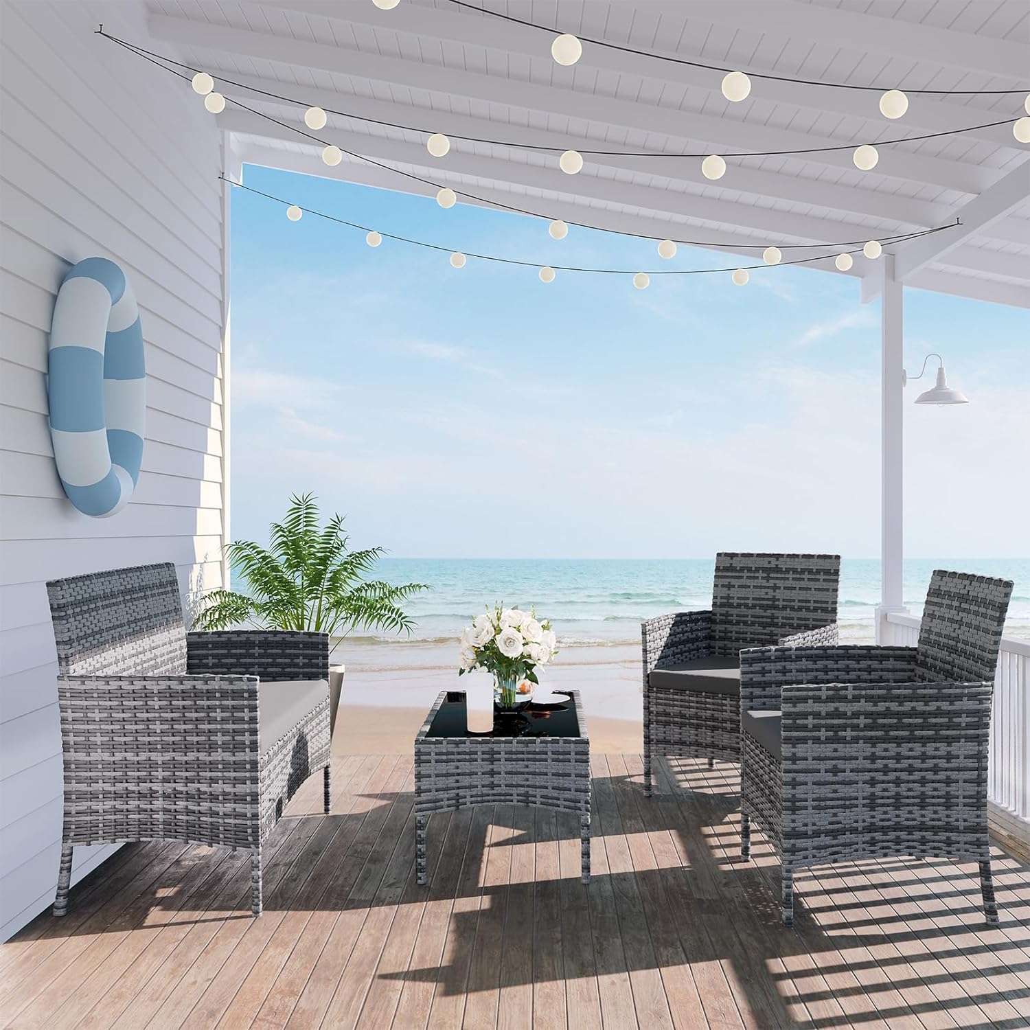 UDPATIO Polyrattan Sitzgruppe Fort 4 Personen Tisch mit 2er Sofa, 2 Stühle & Sitzkissen für Terrasse, Balkon, Garten, Balkonmöbel Rattan Gartenmöbel Set, Grau-meliert & Dunkelgraue Bezüge