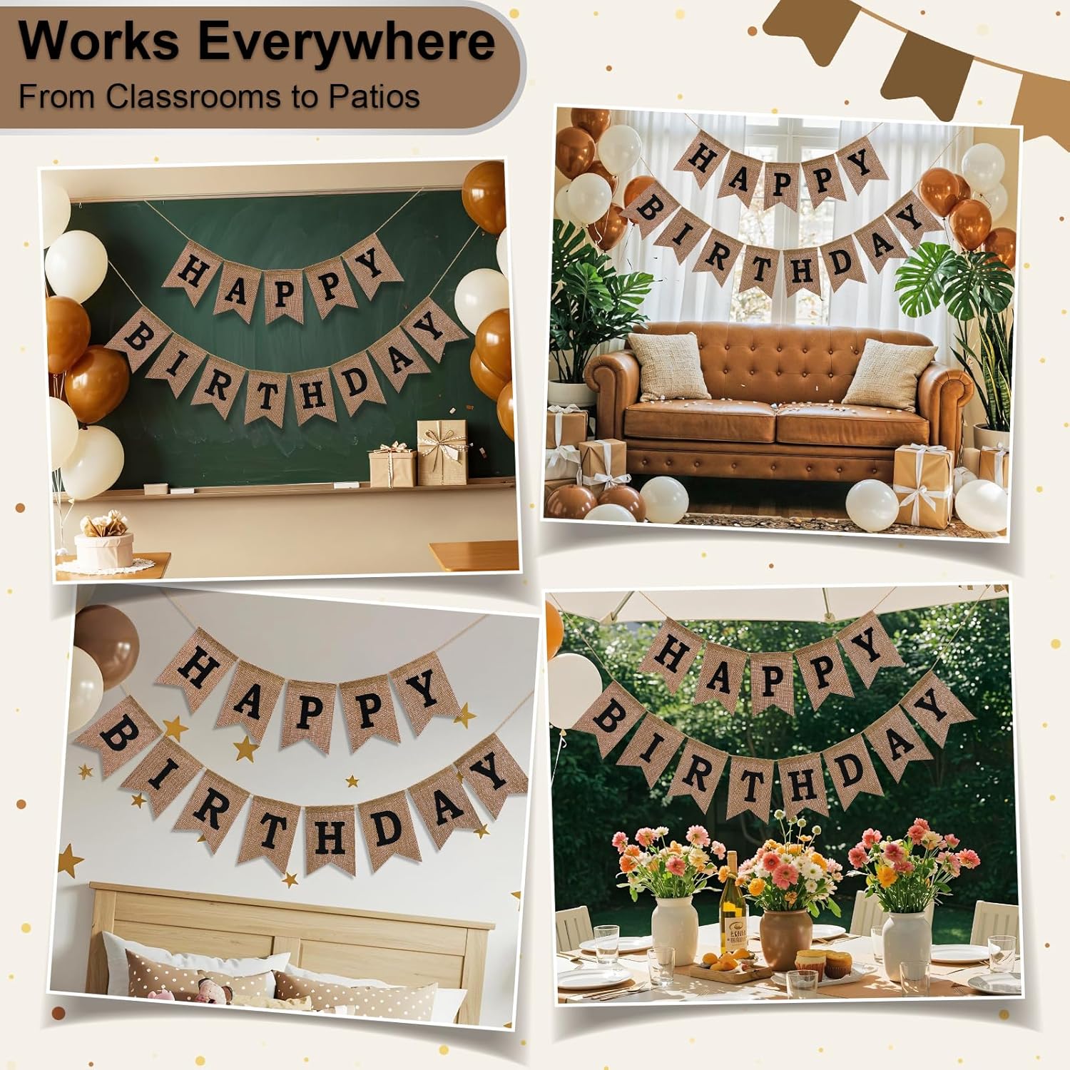 Happy Birthday Banner – Pre‑Strung Burlap 9 ft Birthday Decorations & Reusable Birthday Sign for Men, Women & Kids | Party Supplies Backdrop (Black)