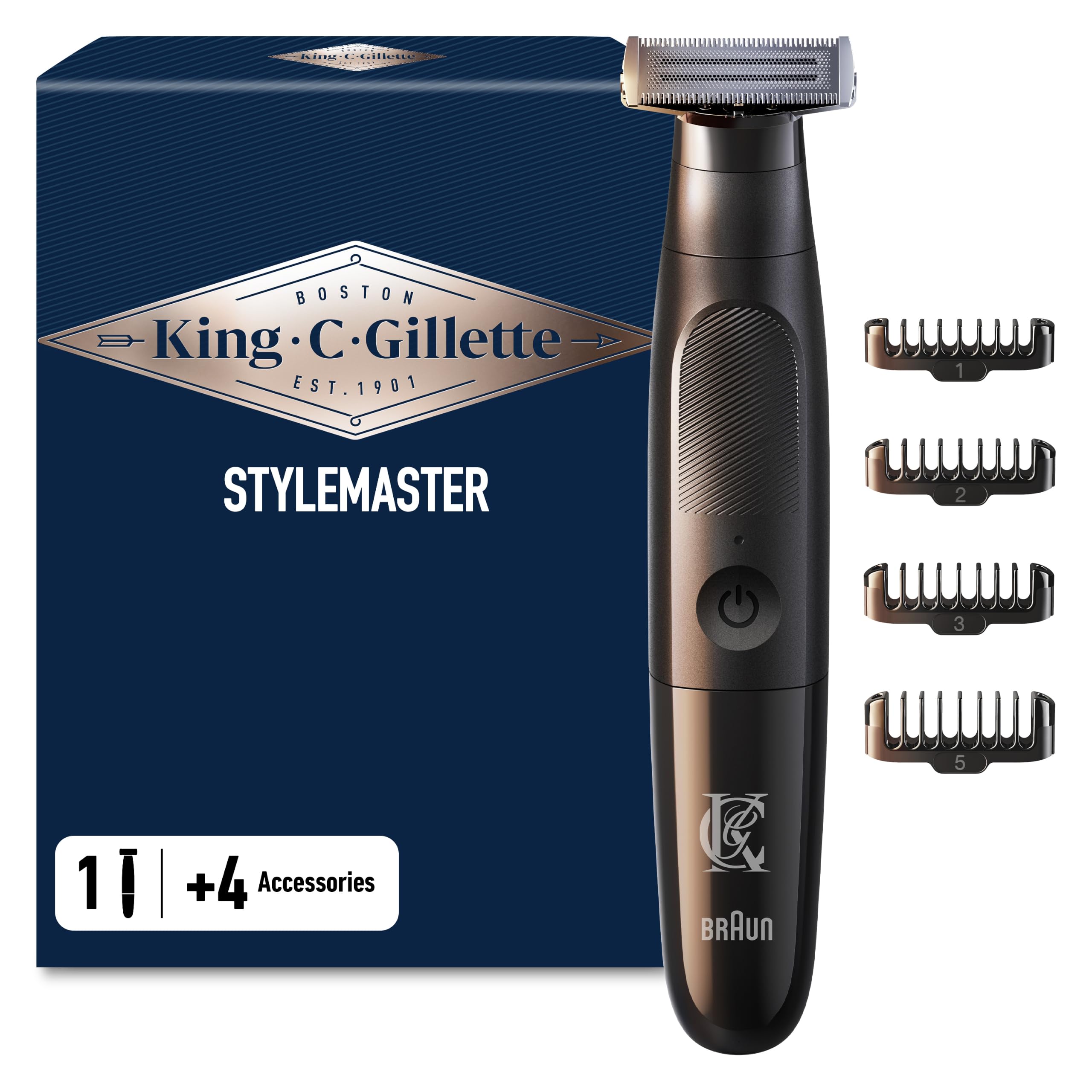 King C. Gillette Tondeuse Barbe Homme, 4 Sabots, Noire – Electrique, sans Fil, Etanche, Lame 4D Durable et Affutée pour Définir les Contours, Peignes pour Différentes Longueurs, 45 min d’Autonomie