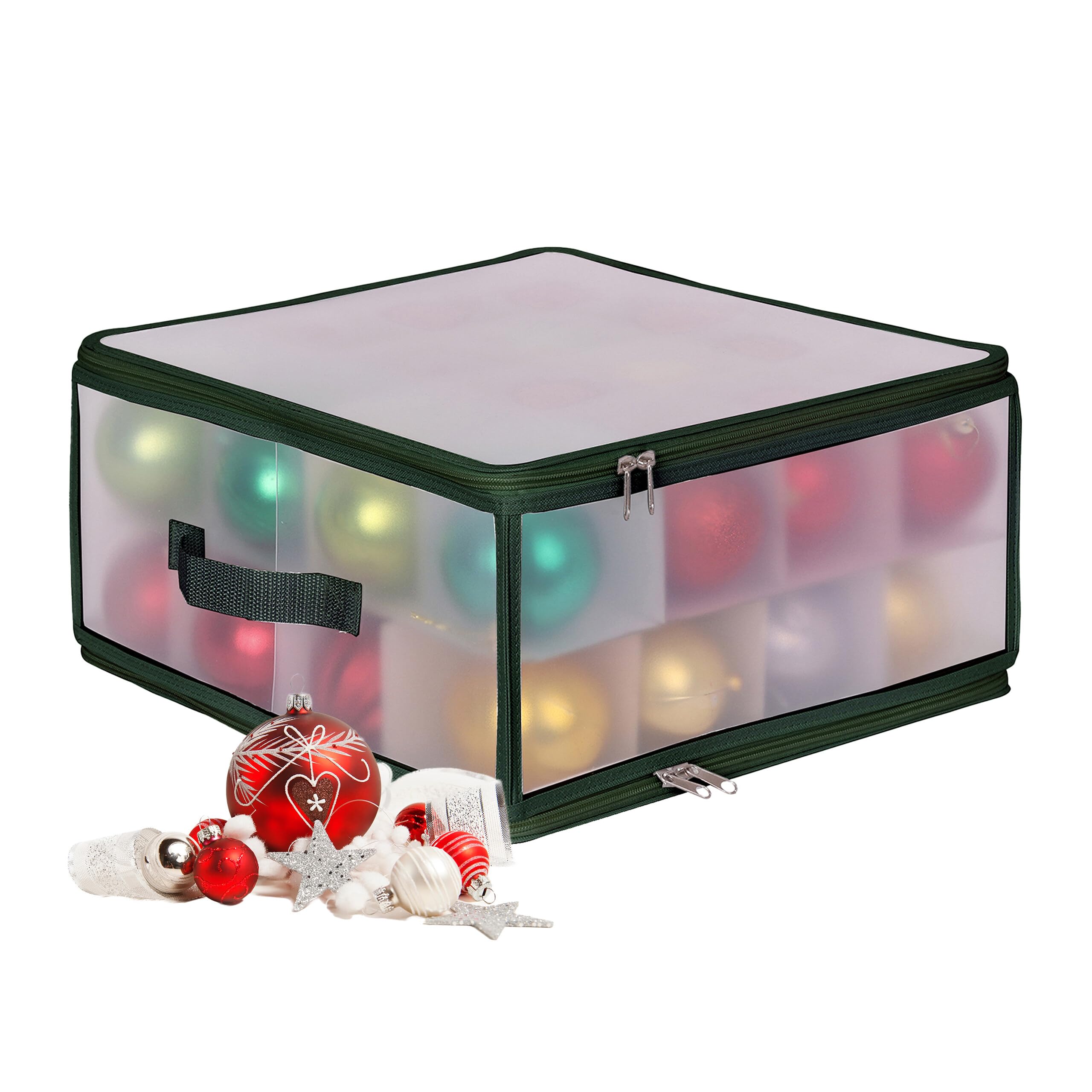 Relaxdays Christmas bauble storage box, 32 baubles, HxWxD: 18x36x36 cm, plastic, cardboard, semi-transparent/green