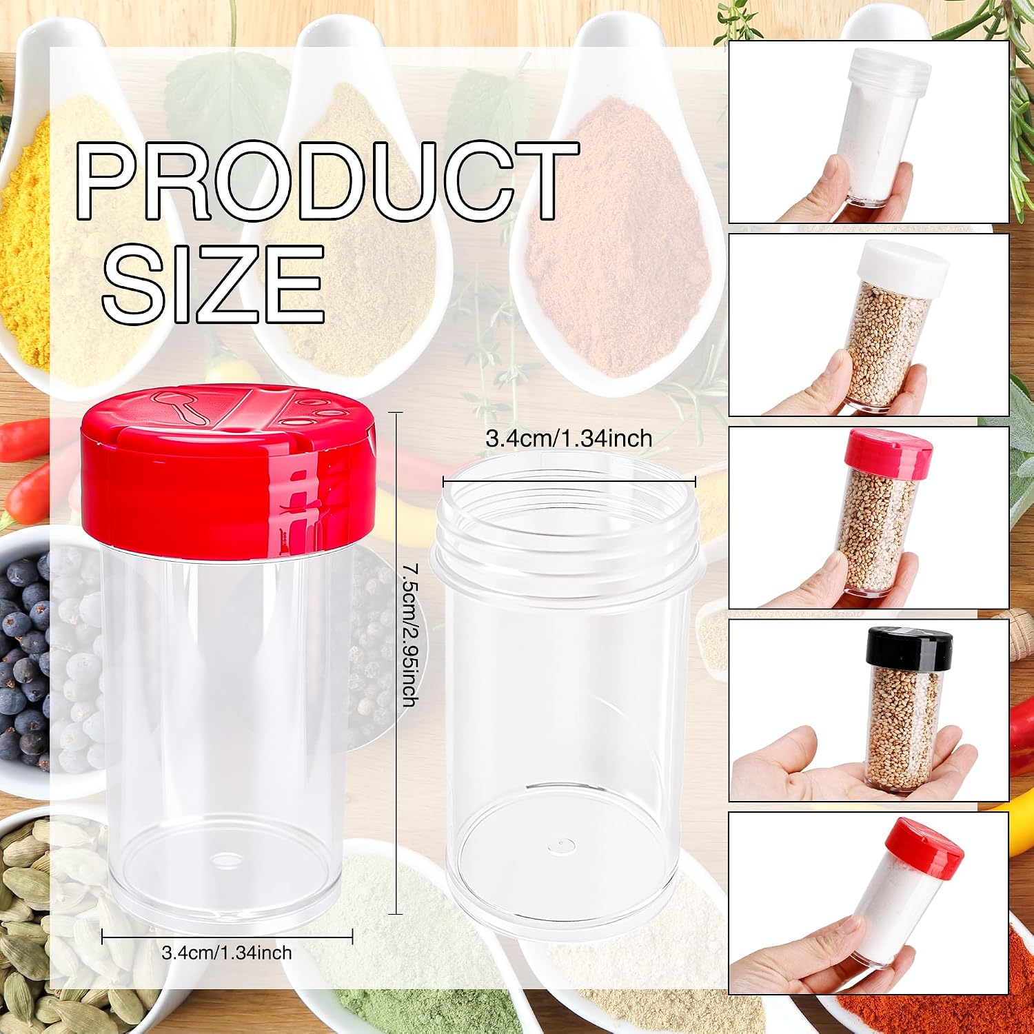 30 Pack 2 oz Mini Plastic Spice Jars with Caps Clear Plastic Seasoning Bottles Round Food Safe Storage Containers for Travel kitchen (Pink Top with 2 Side Hole) image 2