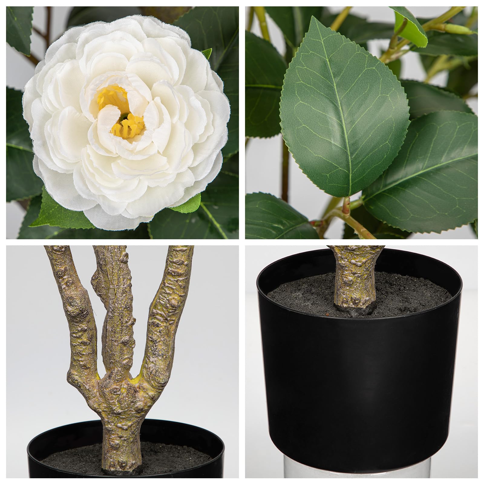 Künstlicher Kamelienbaum, künstliche Kamelienpflanze mit weißen Blumen, Kunstblumen, blühender Baum in schwarzem Topf für drinnen und draußen, Büro, Zuhause, Haustür, Veranda, Dekoration (1 Packung –