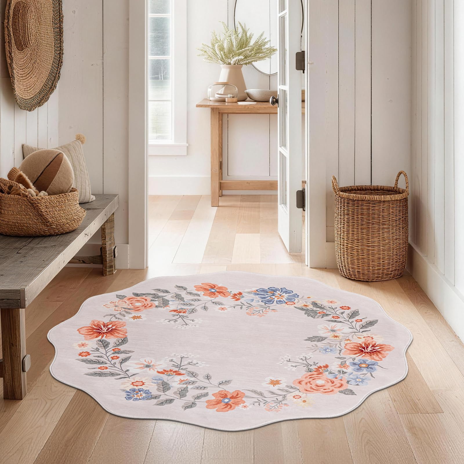 SOANNY Round Rug Living Room, Soft Washable Non Slip, Cream, 160cm