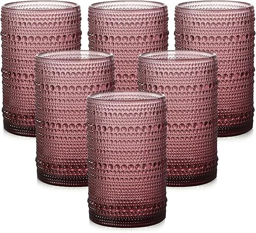 Juego de vasos de vidrio vintage de 6 vasos de vidrio de hobnail de 15 onzas, vaso de agua morado en relieve, para cerveza, cóctel, whisky, jugo y