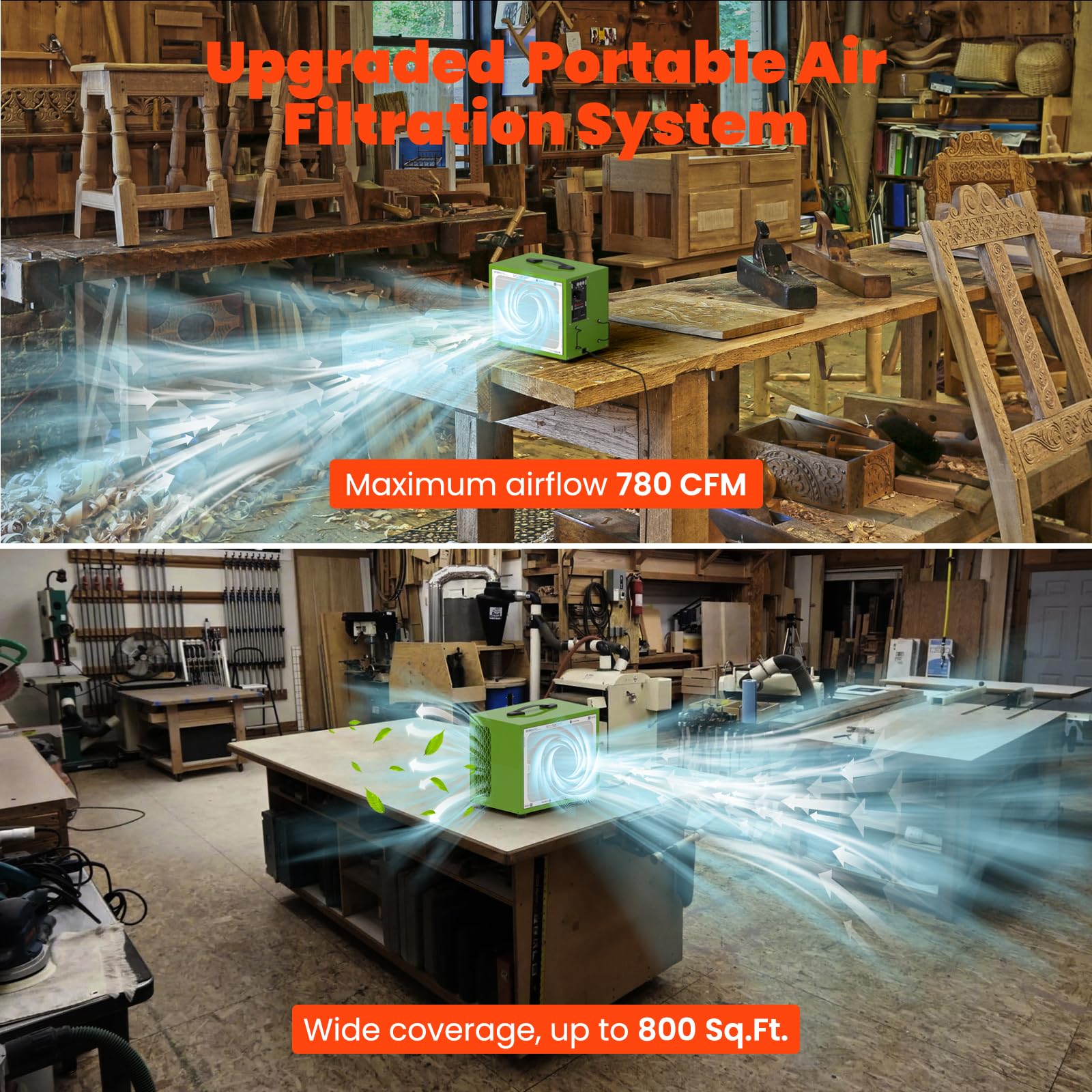 Sistema de filtración de aire 780 CFM, colector de polvo portátil