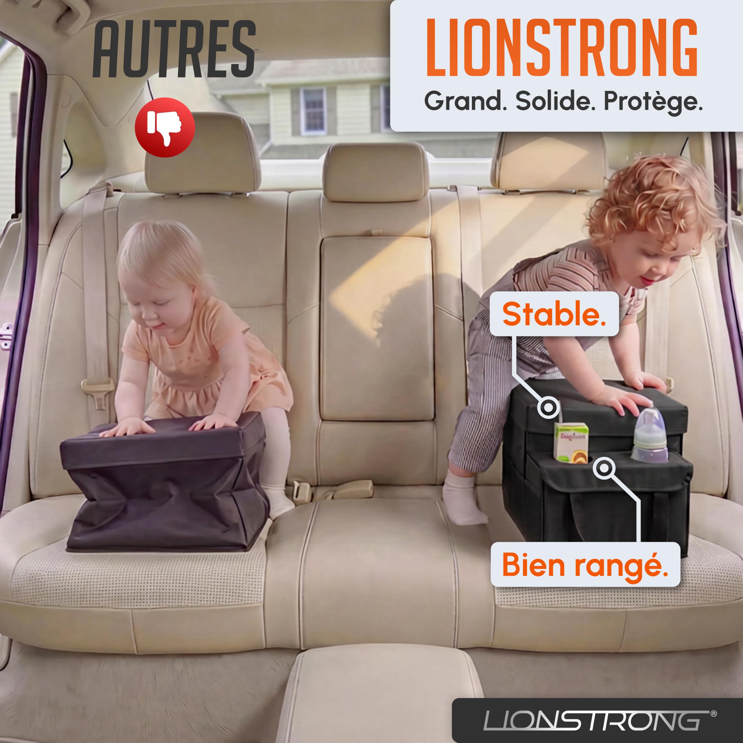 LIONSTRONG® Organisateur de Voiture [TRÈS STABLE GRÂCE AUX PANNEAUX PLASTIQUE] - Organisateur Universel Siège Arrière et Siège Avant - Idéal pour les Vacances - Espace pour Jouets - Résistant à l'Eau