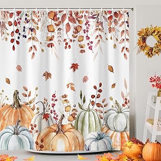 Fall Pumpkin Boho Shower Curtain Set, Farmhouse Autumn Eucalyptus Leaves...