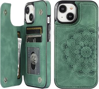 Vaburs Compatible with 15 Case Wallet with Card Holder, Embossed Mandala Pattern Flower PU Leather Double Buttons Flip Shockproof Cover for Magnetic Car Mount 6.1 Inch Dark Green