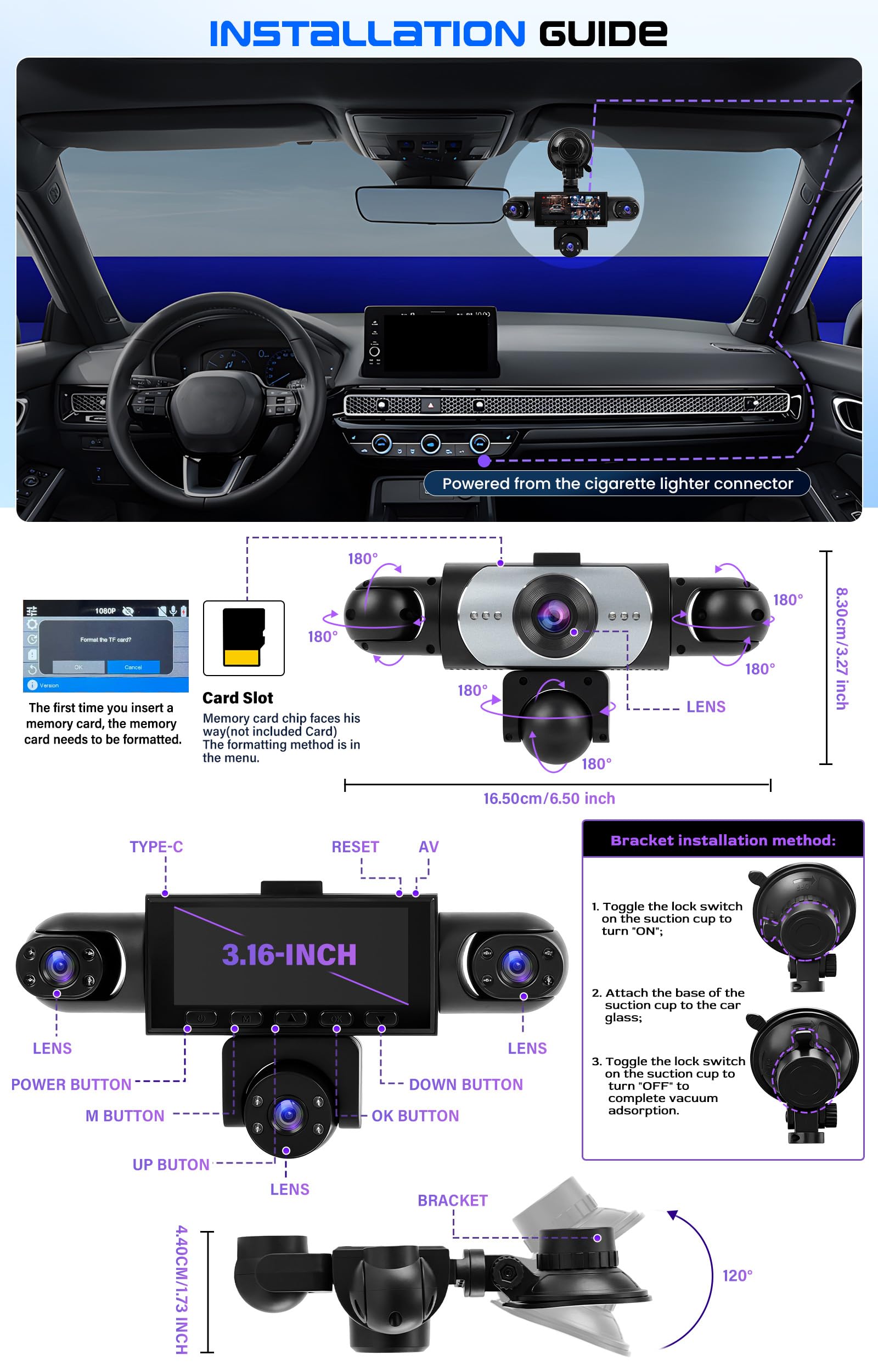 CAMECHO 5 Canaux Vision Nocturne Dashcam 1080P Rotation à 360° Caméra Voiture Embarquée Avant et arrière, 3,16'' Dashcam Mode Parking, Aide au Recul, Enregistrement en Boucle, Détection de Mouvement