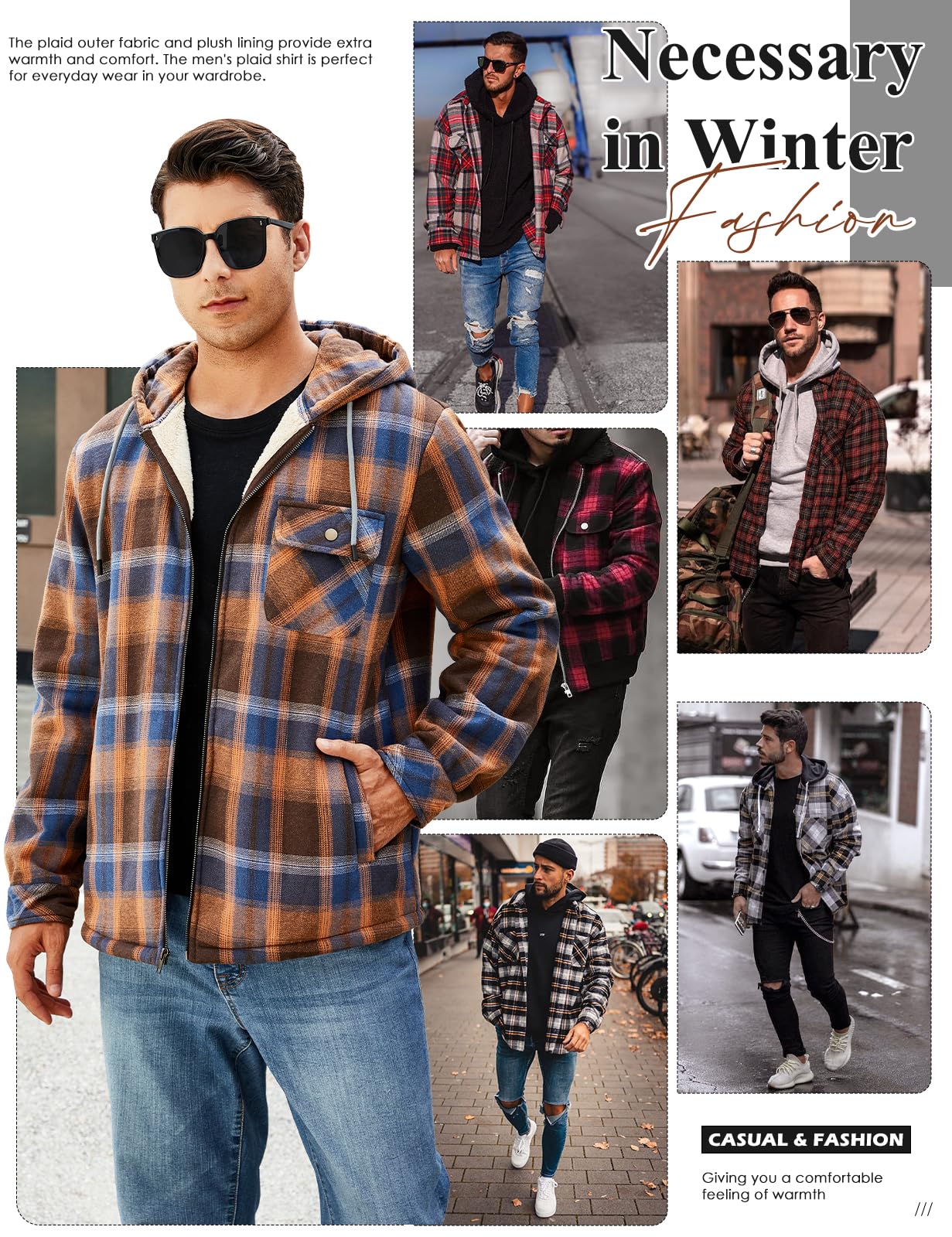 Xnova Camicia Flanella Uomo Manica Lunga a Quadri, Casual Zip Felpa Giacca con Cappuccio Fodera in Pile, Caldo Cappotto Camicia Imbottita Hoodies Sweatshirt con Tasche Invernale in Autunno