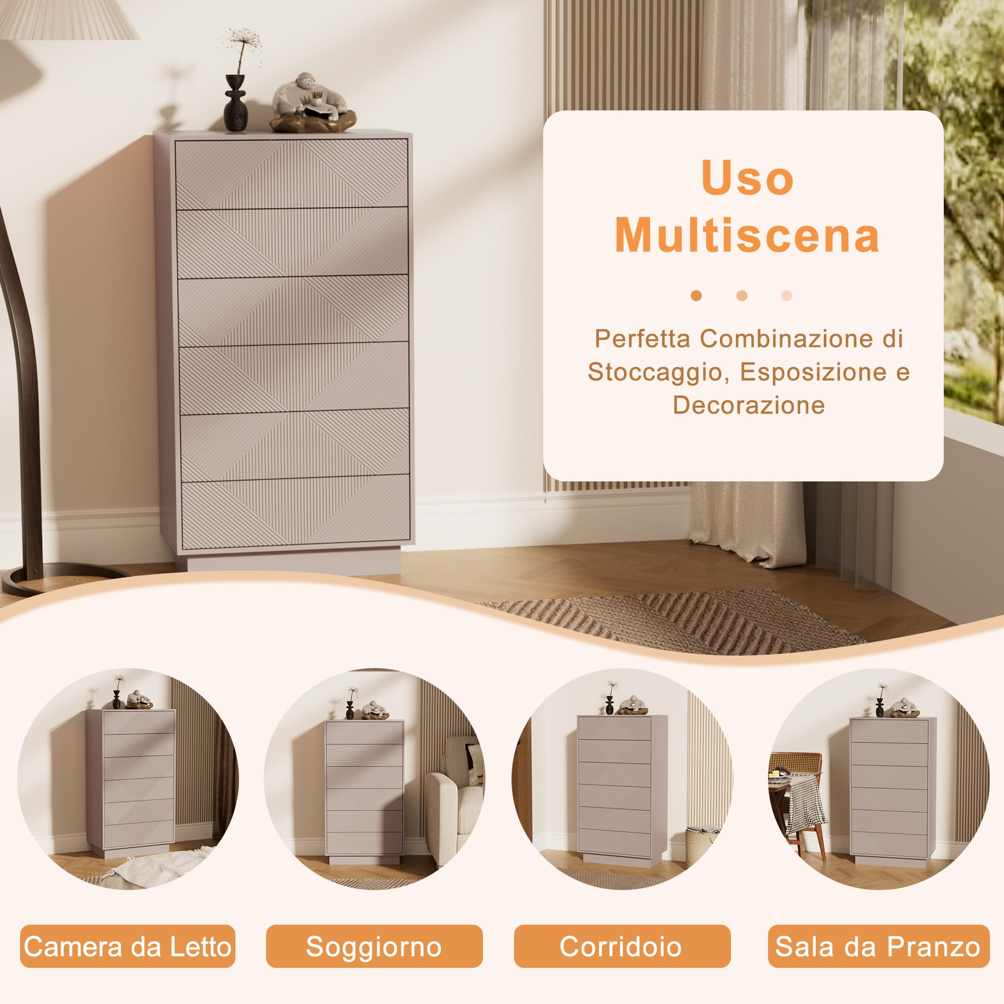 UEV Cassettiera a 6 Cassetti con Motivo a Rombi, Settiminio Spazioso per Archiviazione, Comò Stabile e Durevole per Soggiorno, Camera da letto, Corridoio, 60 x 33,5 x 111 cm, Beige Mocca | Credenza con cassetti Push to Open, armadio multiuso per soggiorno
